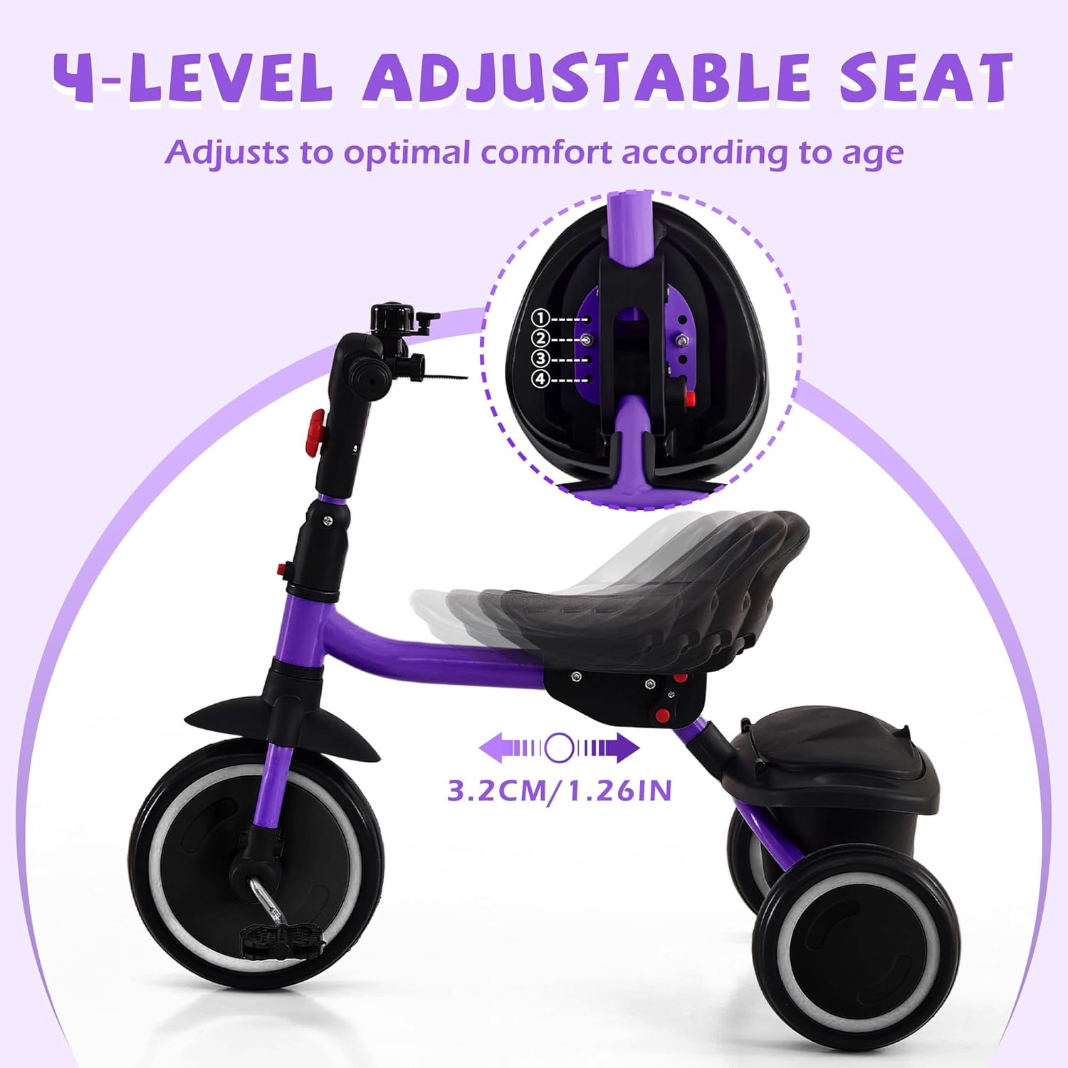Toddler Tricycle, Kids Tricycle with Bell, Foldable Kids Trike for Age 18 Months to 5 Years, Baby Trike with Adjustable Seat, Gift for Boys and Girls, Purple - Image 5