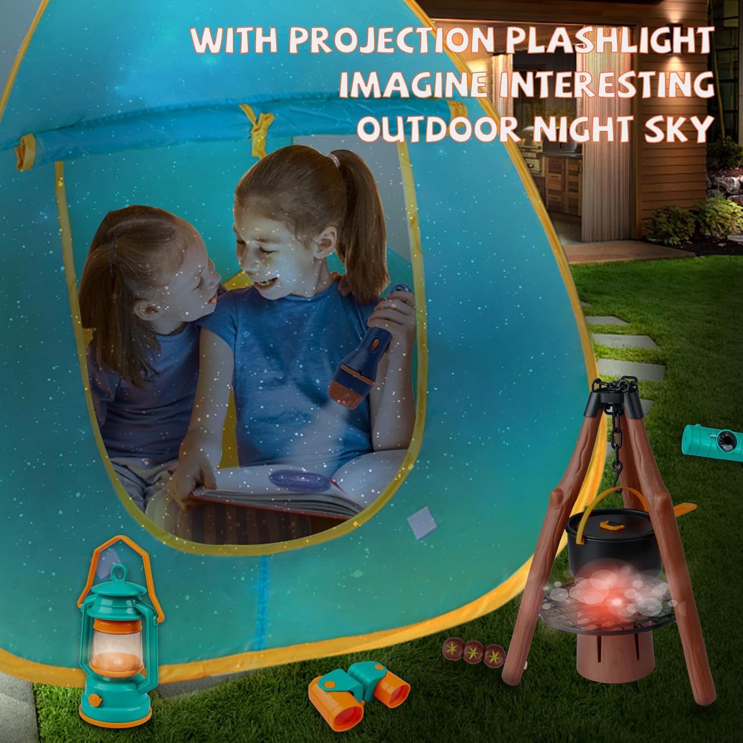 Qtioucp Kids Camping Set 50pcs with Tent & Space Projector Flashlight- Outdoor Campfire Toy Set for Toddlers Kids - Pretend Play Camp Gear Tools for Birthday Christmas - Image 2
