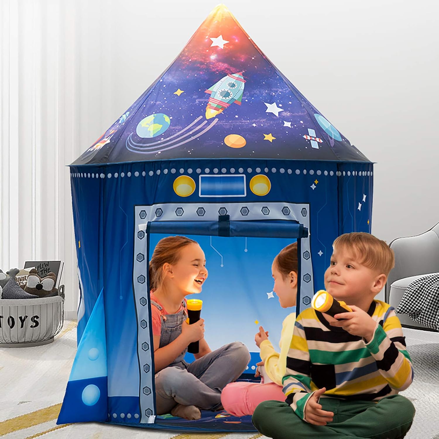 WillingHeart Play Tent for Kids Pretend Playhouse Indoor Outdoor Games Party Children Pop Up Foldable Tent Birthday Toy for Boys Girls Toddler Baby Playroom Gift, Rocket Ship Spaceship Space Themed - Image 2