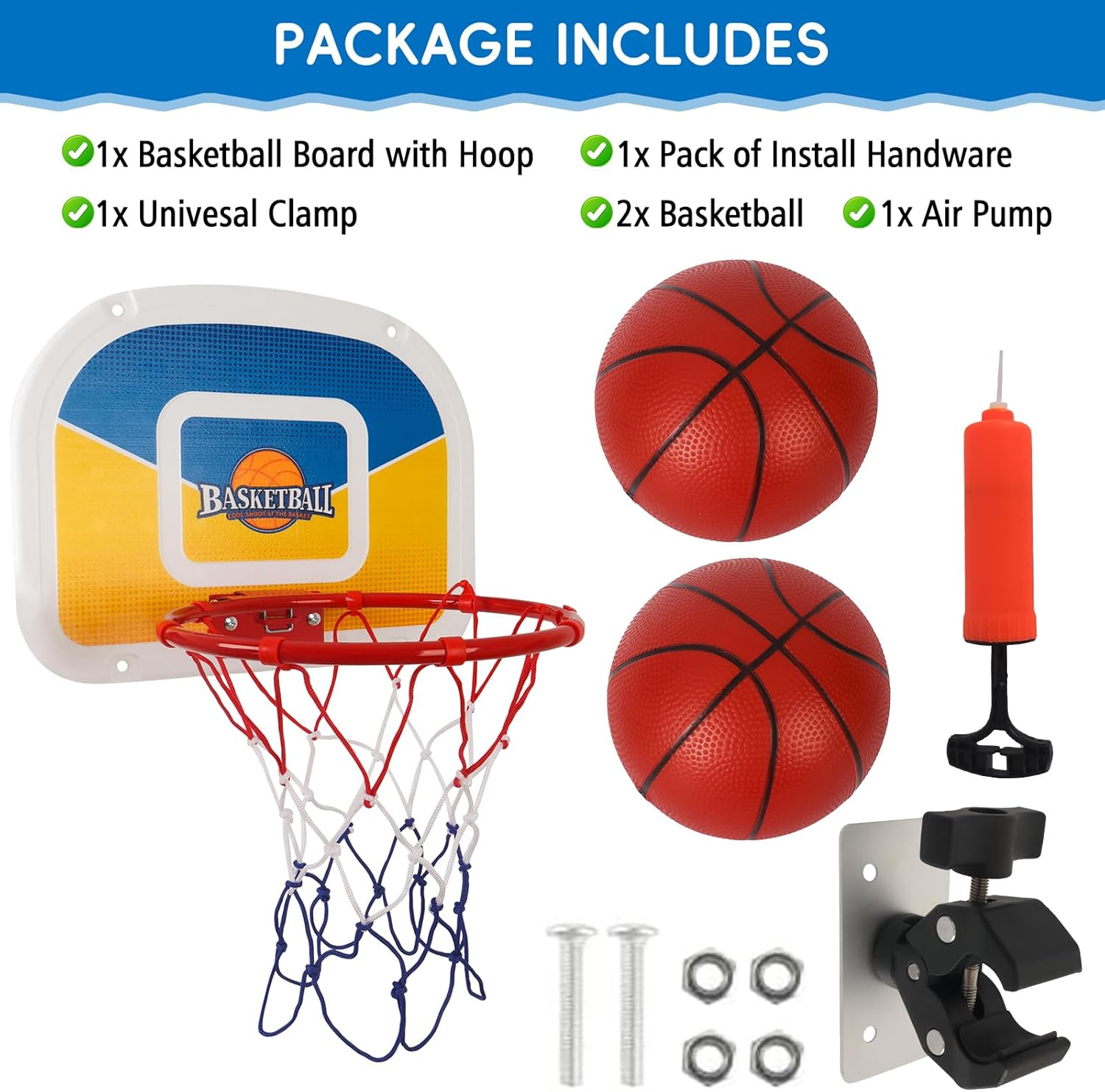 Trampoline Parts Trampoline Basketball Hoop, Teenager Basketball Hoop for Trampoline with Pump and 2 Mini Ball, Fit for Straight Pole (Blue Yellow 17inch) - Image 6