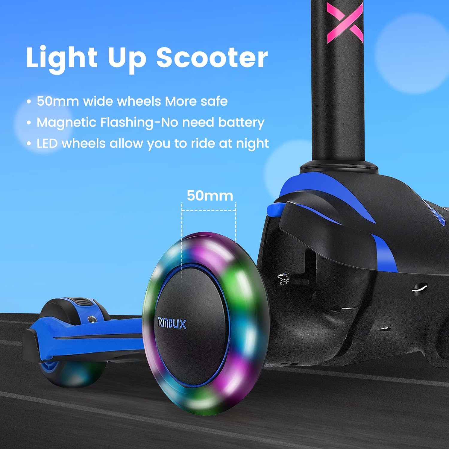 TONBUX Kids Scooter for Age 3-12, Toddler Scooter with 4 Adjustable Heights, Light Up 3-Wheels Scooter, Shock Absorption Design, Lean to Steer, Balance Training Scooter for Kids - Image 5