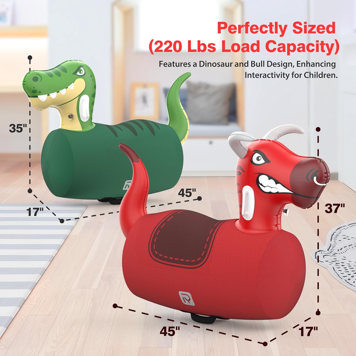 POVYRE Kids Boys Outdoor Toys, 2 PCS Giant Inflatable Dinosaur Bull Toys Bouncy Hopper with Pump, Ride-on Jumping Animal for Indoor Outdoor Play, 220 lbs Capacity, Gift for Ages 5+ - Image 2