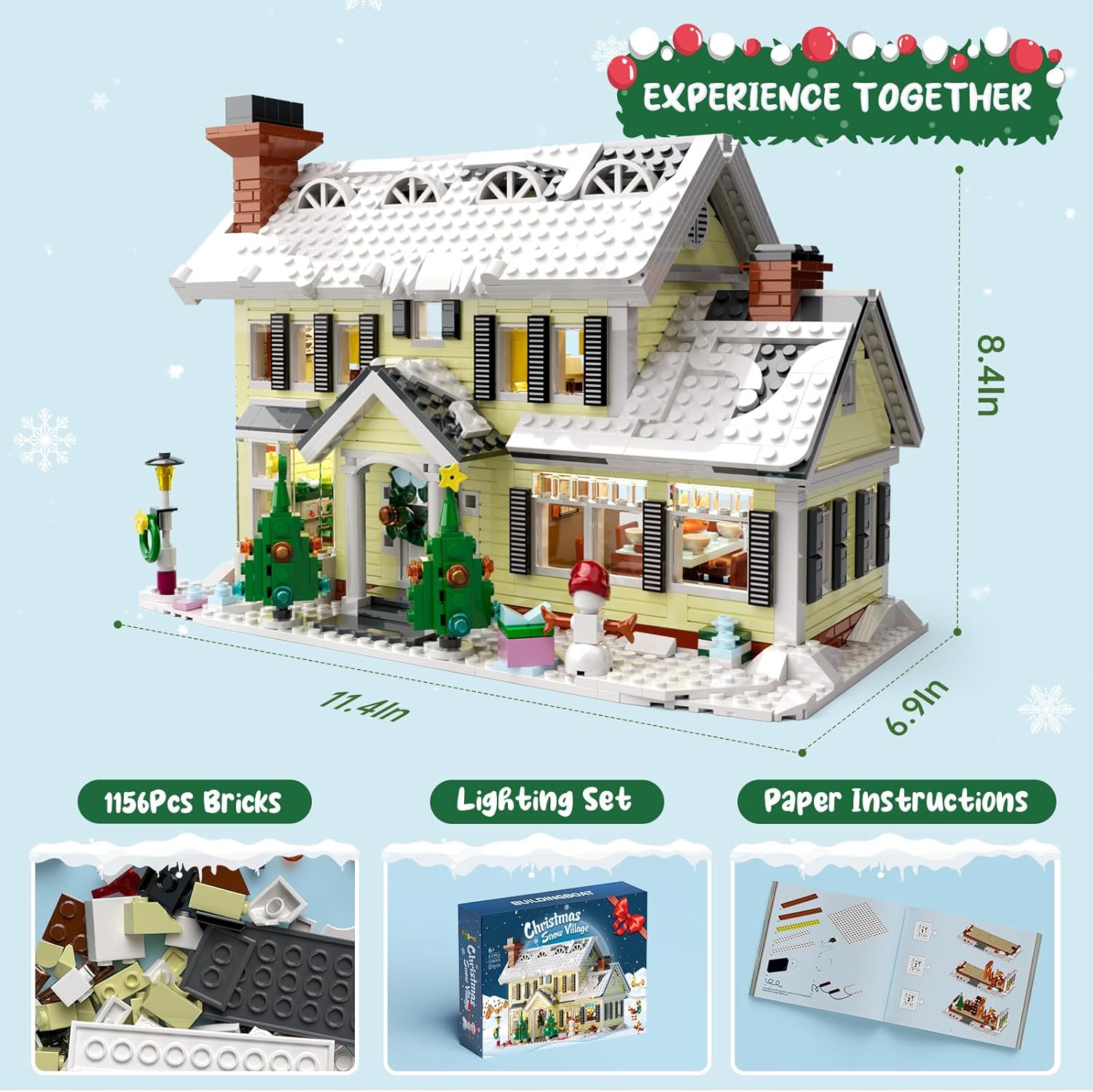 Christmas Holiday House Building Set, LED DIY Christmas Holiday Snow Village, Christmas House Compatible with Lego Gifts for Boys, Girls, Family, and Friends (1156pcs) - Image 8