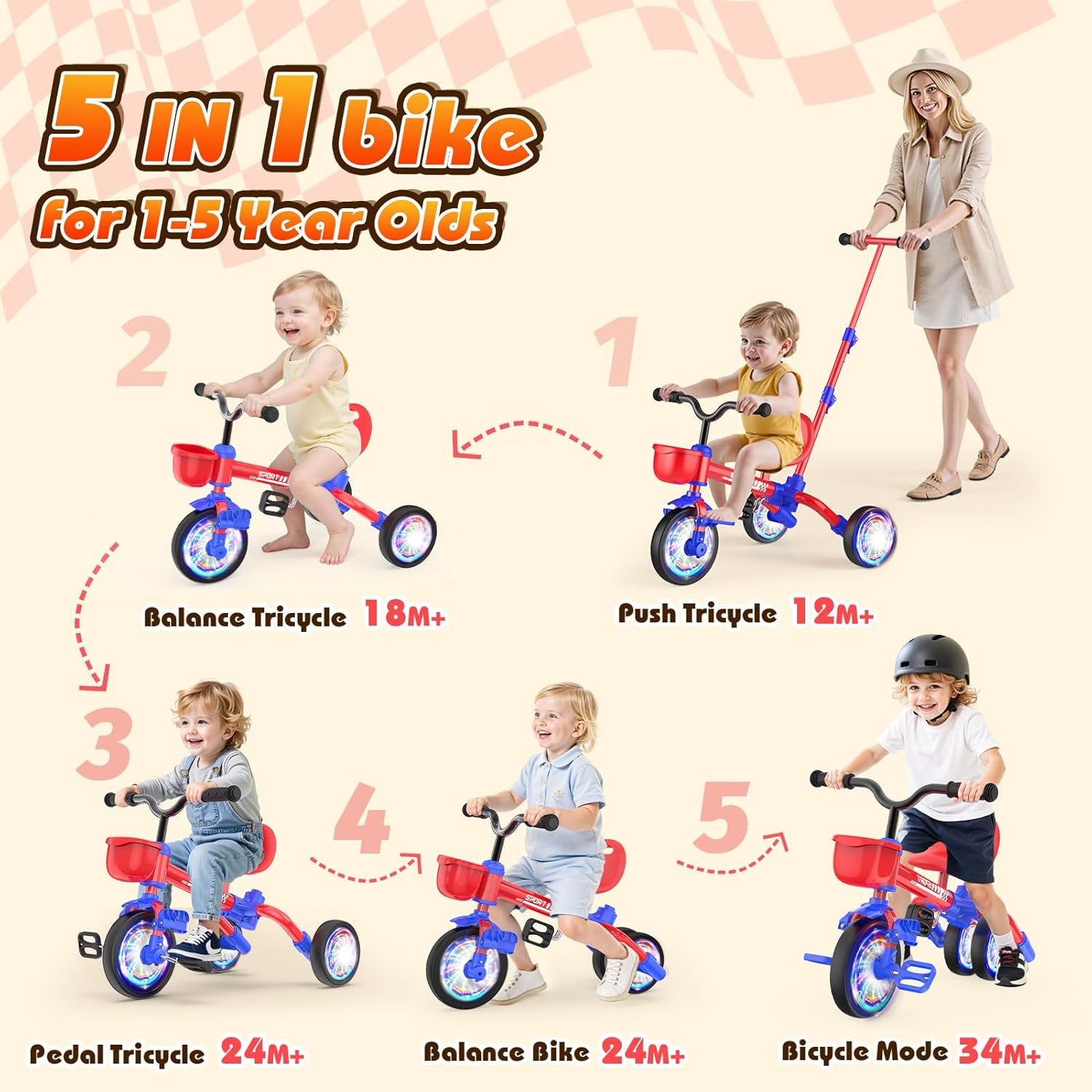 Kkdi 5 in 1 Toddler Bike for 1-5 Year Old, Tricycle with Push Handle, Convertible Baby Balance Bike, Bicycle, Color Light Wheel & Detachable Pedal, 4-Position Seat, Boys Girls Birthday Gift, Toy - Image 2