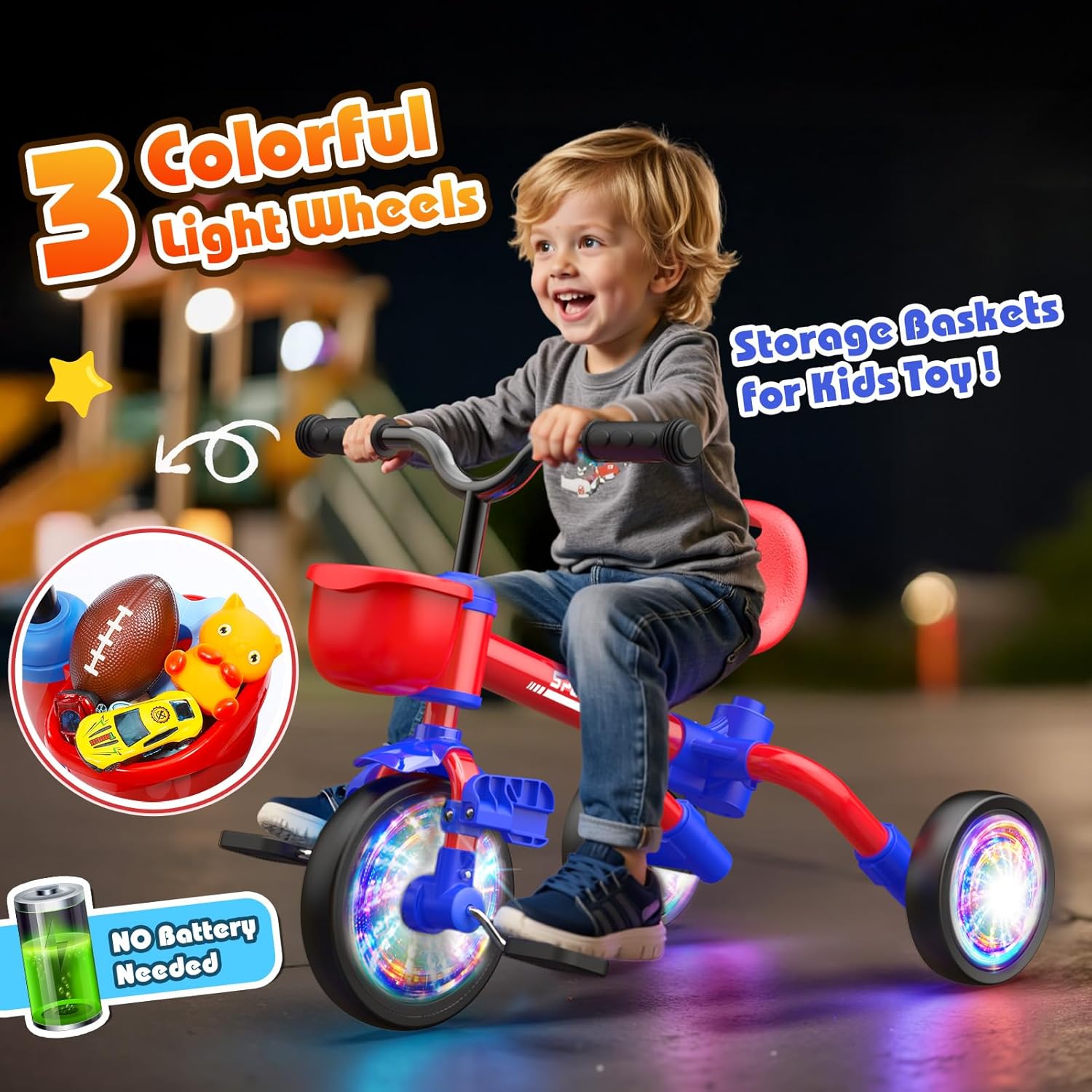 Kkdi 5 in 1 Toddler Bike for 1-5 Year Old, Tricycle with Push Handle, Convertible Baby Balance Bike, Bicycle, Color Light Wheel & Detachable Pedal, 4-Position Seat, Boys Girls Birthday Gift, Toy - Image 4