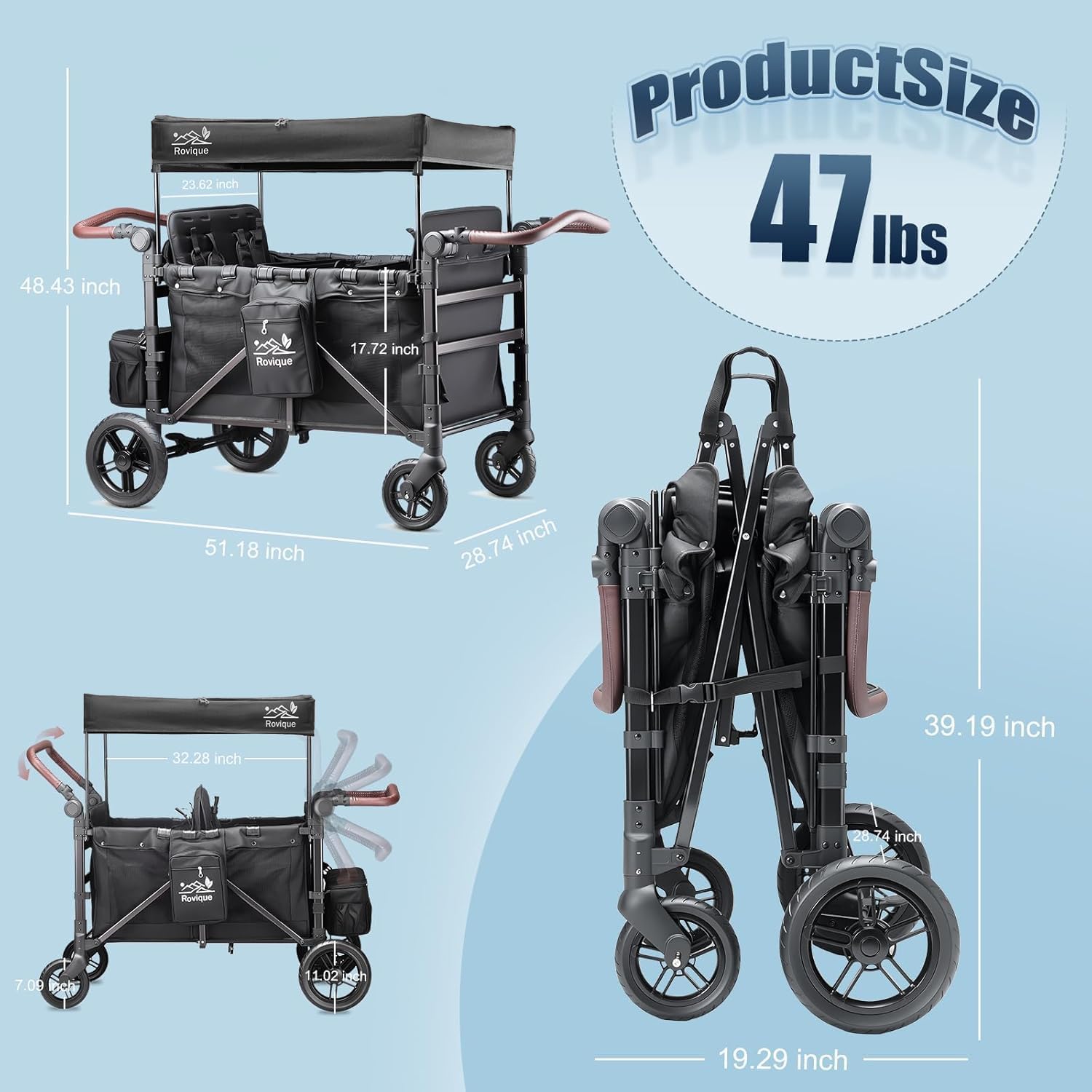 Rovique 4 Seater Wagon Stroller – Deluxe Quad Wagon for 4 Kids with Snack Trays,All-Terrain Wheels,Push Handle, Canopy,Aluminum Frame – Gift for Baby Showers,New Parents,Birthdays - Image 8