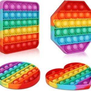 Multipurpose 4 Pack Rainbow Pop it Fidget Toy, Bubble Sensory Toy for Kids and Adults, Stress Reliever, 4 Shapes Poppers-Heart, Circle, Octagon, Square Pressure Relieving