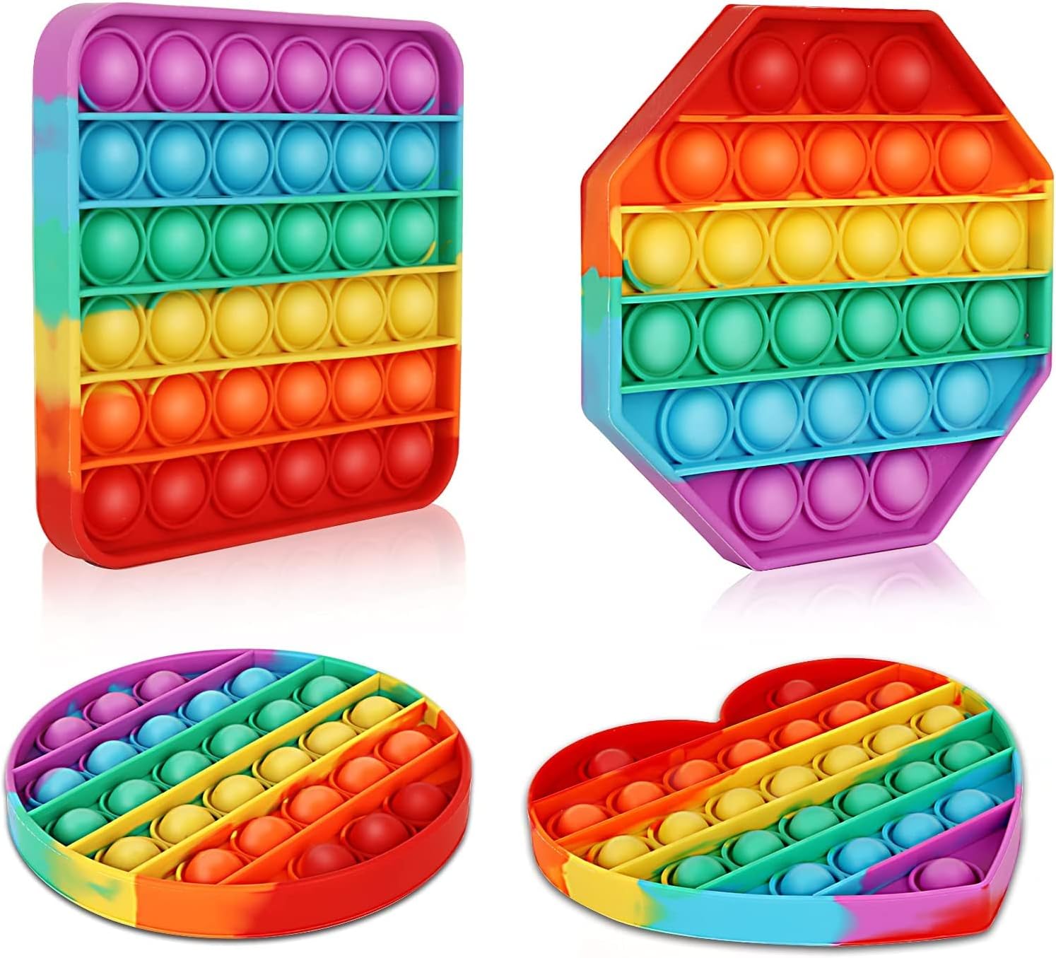 Multipurpose 4 Pack Rainbow Pop it Fidget Toy, Bubble Sensory Toy for Kids and Adults, Stress Reliever, 4 Shapes Poppers-Heart, Circle, Octagon, Square Pressure Relieving
