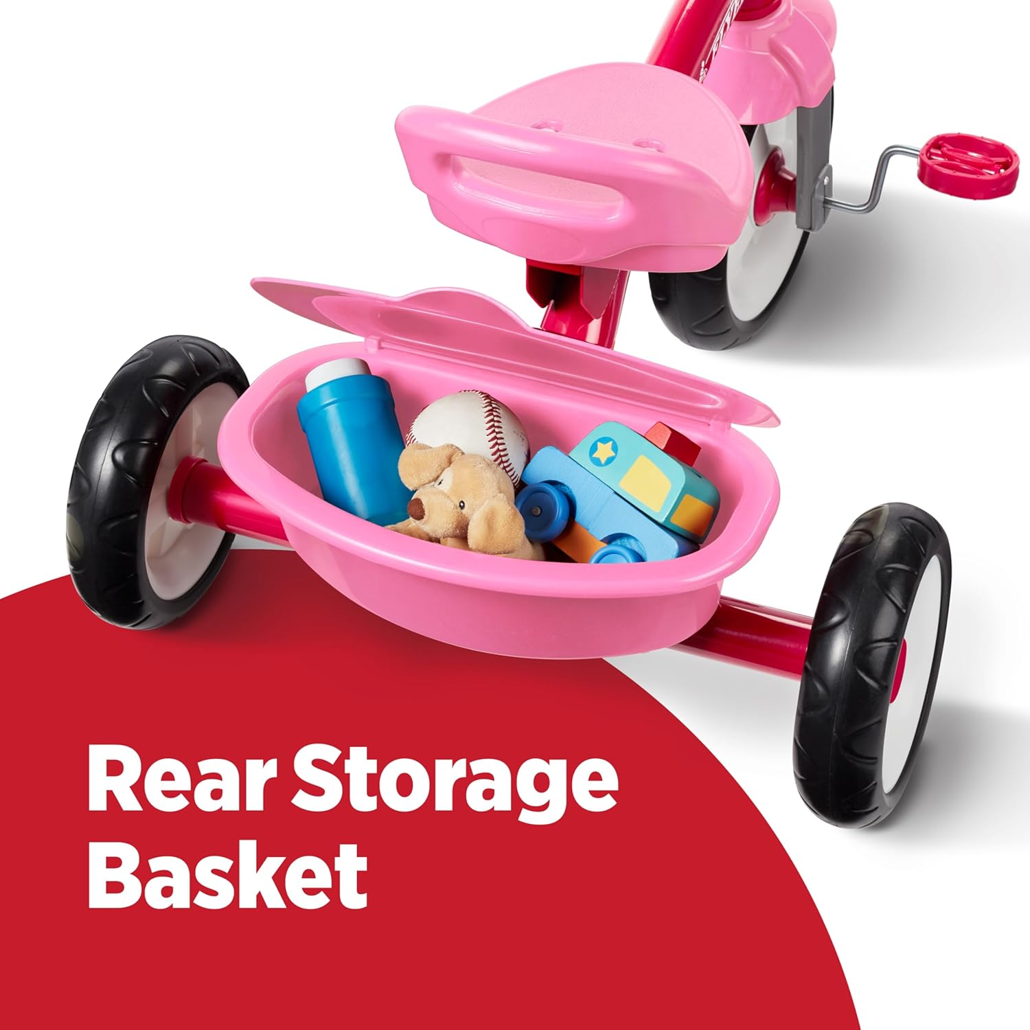 Radio Flyer Pink Rider Trike, for Ages 2.5-5, Adjustable Seat, Steel Construction, Quiet Ride Wheels, Covered Storage Bin, Comfort Grip Handlebars, Easy Carry Seat Handle, Tricycle for Toddlers - Image 5