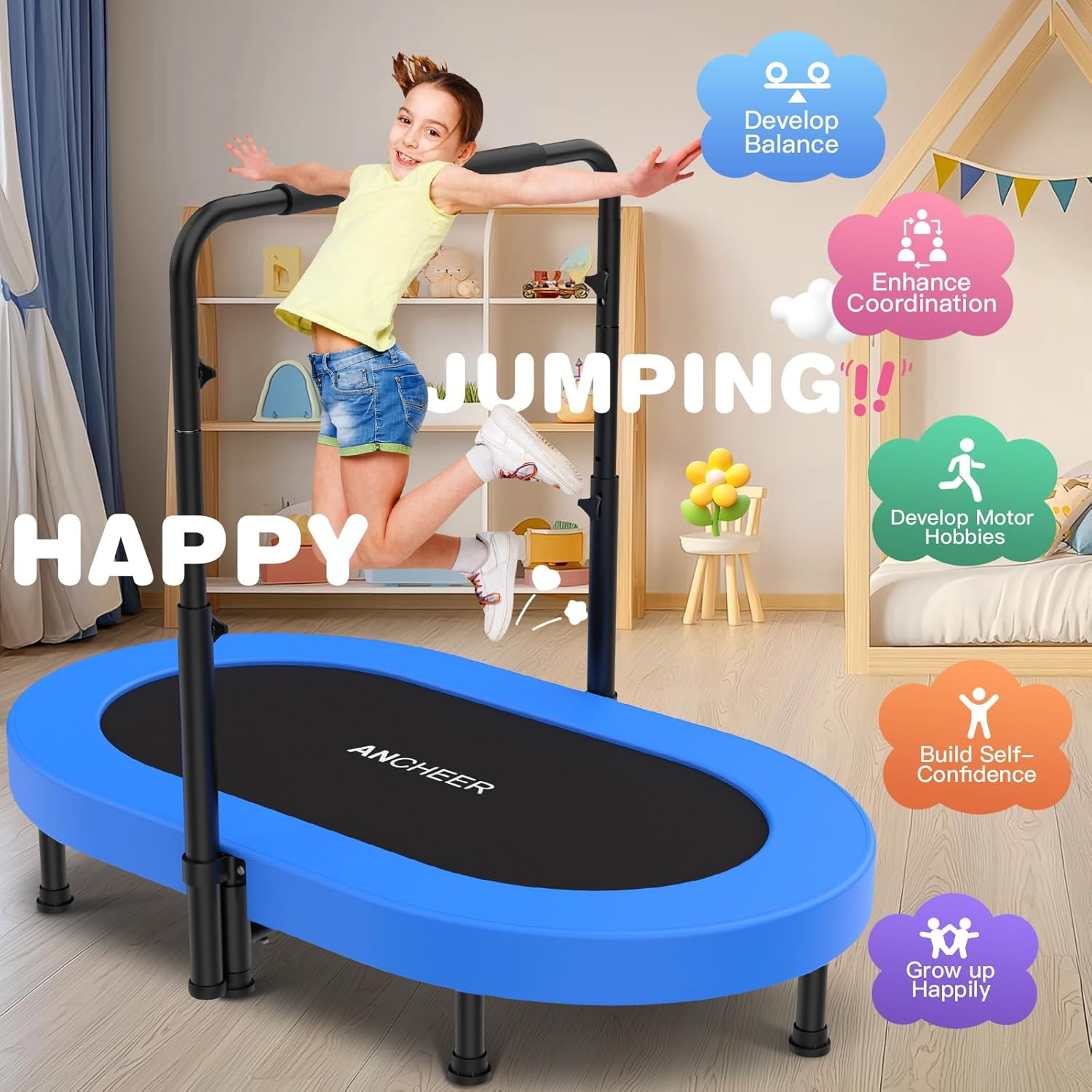 ANCHEER 56" Double Mini Trampoline for Kids, Mini Rebounder with 5-Level Adjustable Handle, Parent-Child Trampoline for Kids, Max Load 220lbs, Fun for Indoor/Outdoor - Image 5