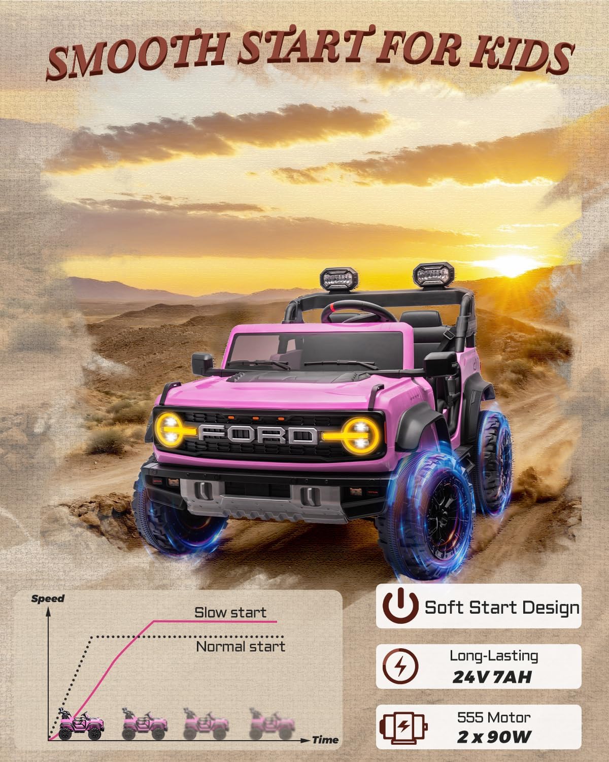 First Ride On 24V Ride on Toys for Big Kids, Licensed Ford Bronco Raptor 2 Seater Ride on Cars with Remote Control, Ride on Truck w/ 4-Wheeler Suspension, 3 Speeds, Led Lights, Bluetooth (24V, Pink) | First Ride On, 24V, for Big Kids, 2 Seater, with Remote Control - Image 8