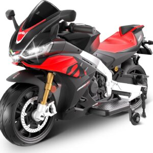24V Kids Motorcycle, Licensed Aprilia RSV4 Electric Motorcycle for Kids with Training Wheels, LED Lights, Music, Battery Powered Ride on Motorcycle for Boys Girls