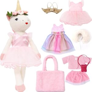 Unicorn Doll Stuffed Animal Toys for Girls – Ballerina Doll | Plush Carrier Bag | 3 Set Cloth Accessories, Kids Pretend Play Crochet Gifts, Birthday Gift for 3 4 5 6 Year Old Little Girl Unicorn Toys