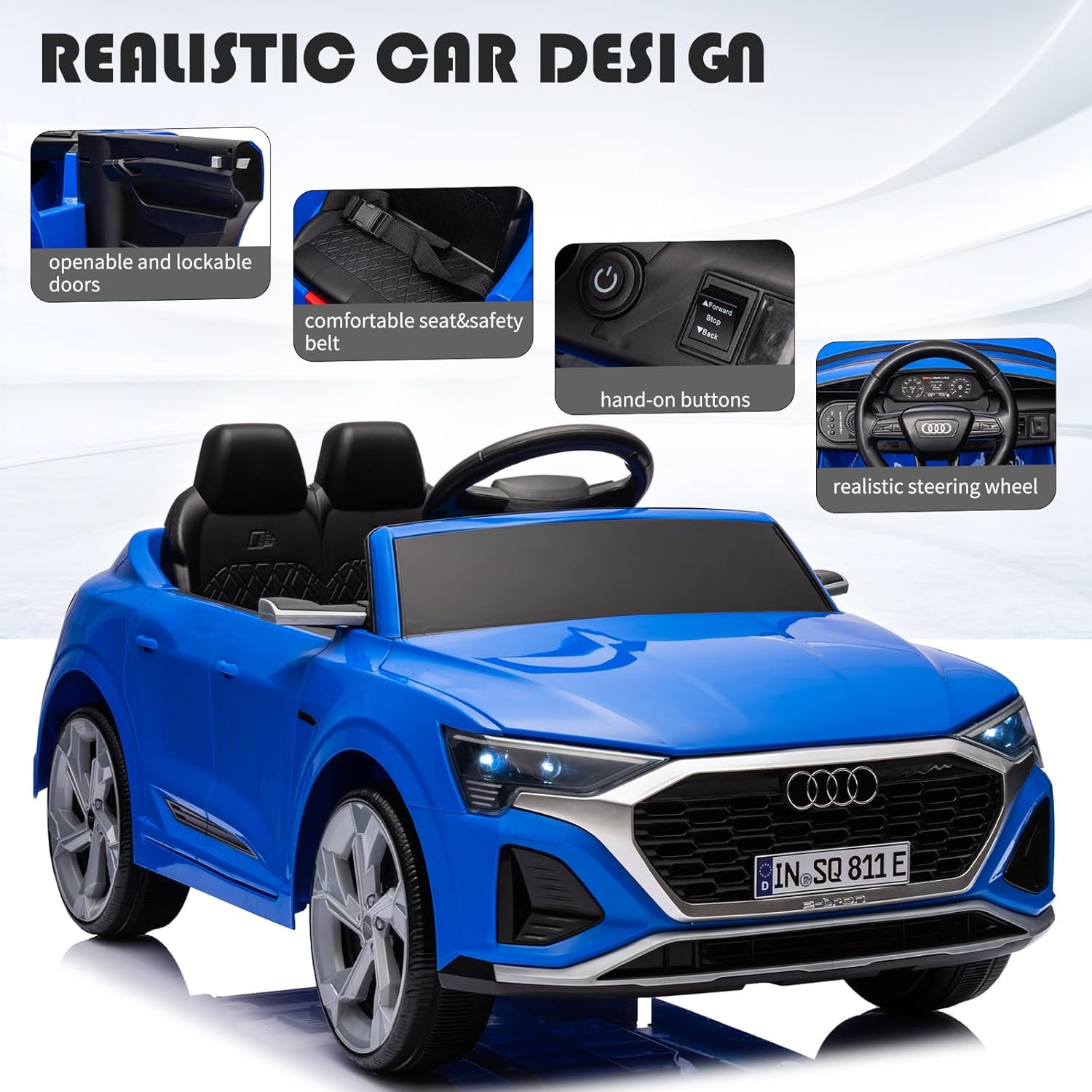 Licensed Audi 12V Children's Electric Ride-On Car, Battery-Powered Electric Toy Car, Suitable for Boys and Girls Aged 3+, with LED Headlights, 2.4GHz Remote Control (Blue) - Image 3