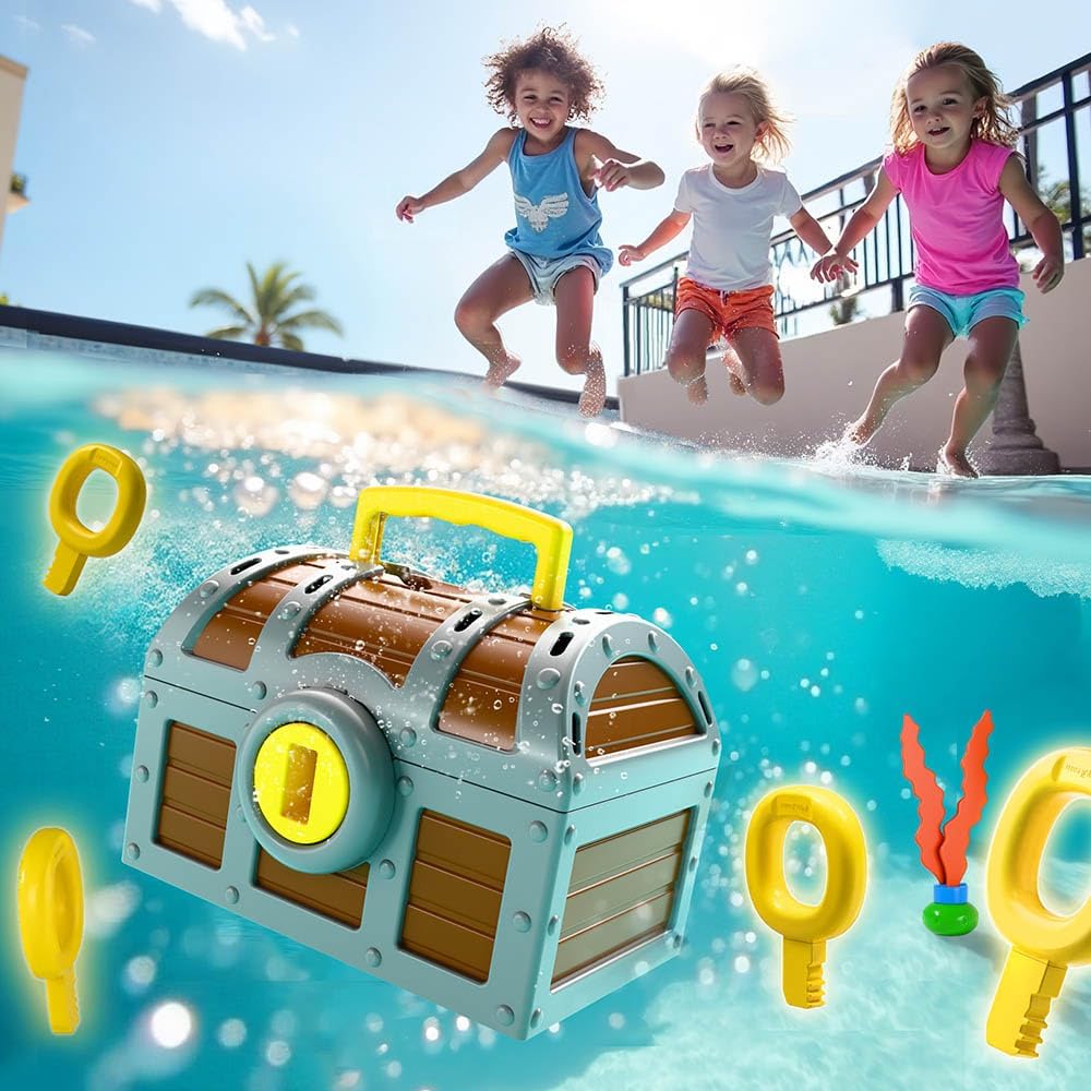 Funscape Kids Diving Pool Toy, Large Treasure Chest Water Dive Game W/Keys Gems Fish, Toddler Outdoor Swimming Treasure Box Playset, Fun Summer Swim Party Gifts 3 4 5 6 7 8 10 12 Year Old Boy Girl - Image 2