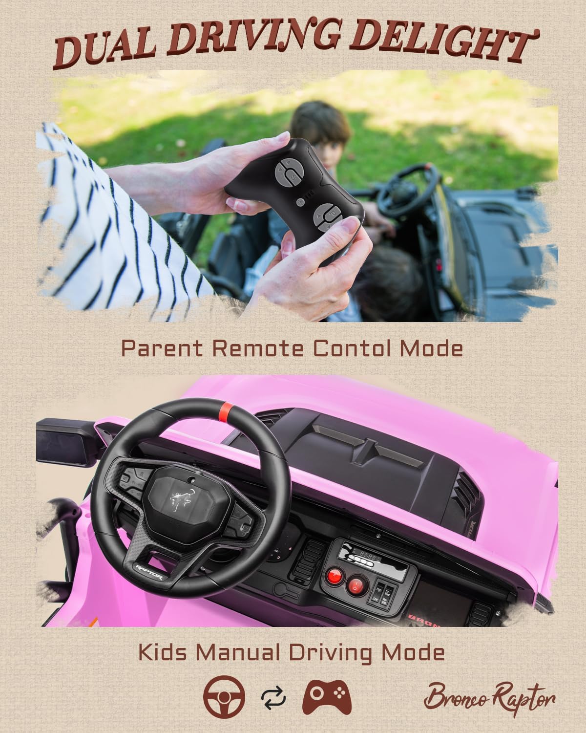 First Ride On 24V Ride on Toys for Big Kids, Licensed Ford Bronco Raptor 2 Seater Ride on Cars with Remote Control, Ride on Truck w/ 4-Wheeler Suspension, 3 Speeds, Led Lights, Bluetooth (24V, Pink) | First Ride On, 24V, for Big Kids, 2 Seater, with Remote Control - Image 5