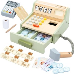Wooden Toy Cash Register for Kids, Pretend Play Shop with Money Scanner and Credit Card, Montessori Toddler Grocery Cashier Role Play Educational Toy Preschool Learning Gift for Boys Girls Ages 3+