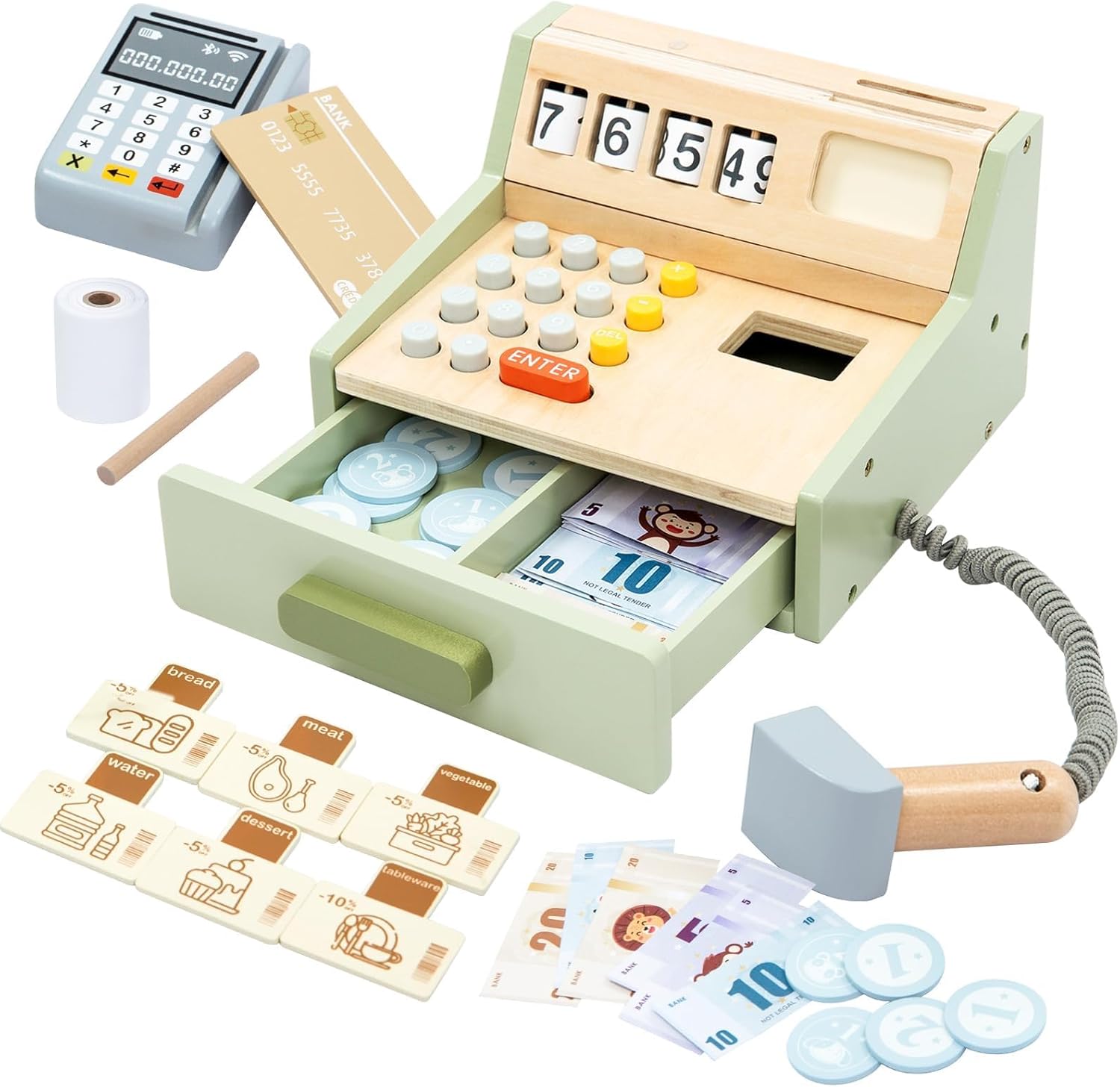 Wooden Toy Cash Register for Kids, Pretend Play Shop with Money Scanner and Credit Card, Montessori Toddler Grocery Cashier Role Play Educational Toy Preschool Learning Gift for Boys Girls Ages 3+