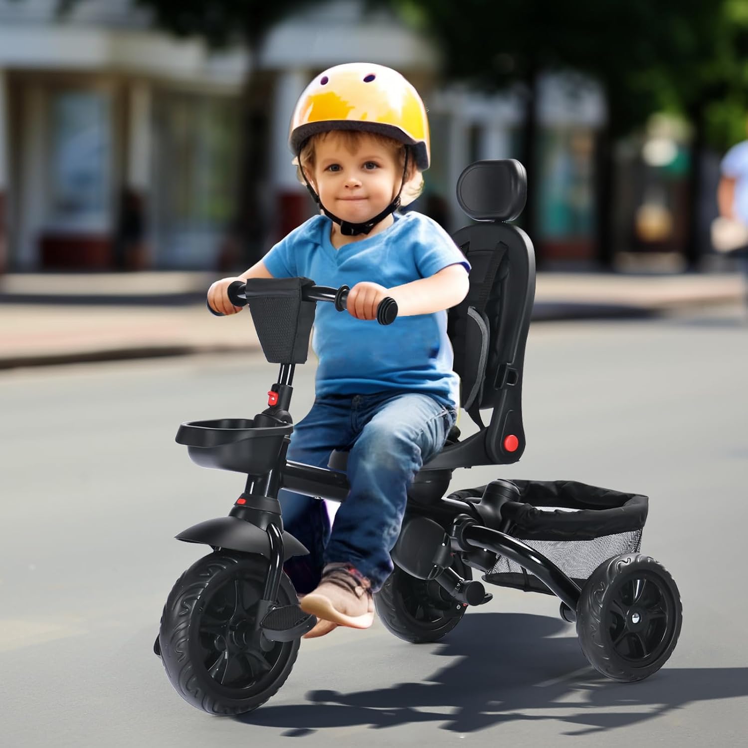 TODEFULL Folding Kids' Tricycle, 8 IN1 Baby Trike W/Removable Canpoy&Parental Push Rod, Toddler Bike Stroller for Kids 1-5 Years, 360° Swivel Seat, EVA Wheels,Storage Basket, Black - Image 3