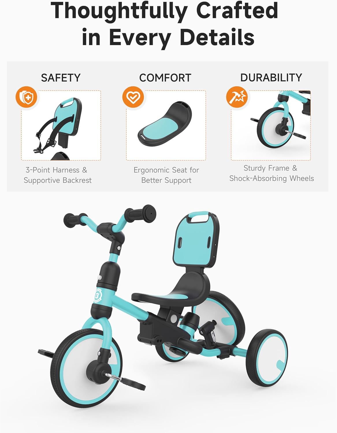 besrey 5-in-1 Toddler Tricycle with Push Handle, Grow with Me Kids Trike for 1-3 Years, Balance Bike & Tricycle, Adjustable Parent Steering, Safety Seat with Backrest - Image 4