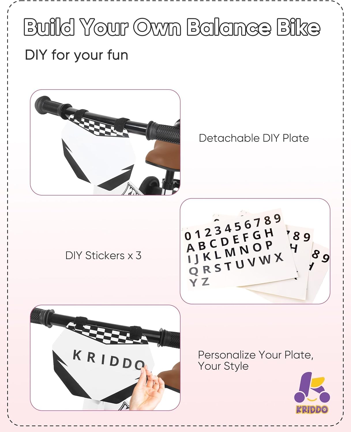 KRIDDO 2-in-1 Kids Tricycle and Toddler Balance Bike 2 Year Old, Detachable Pedals and Stowable Training Wheels, DIY Plate, Riding Trikes Toy for Ages 18 Months to 3 Years - Image 4