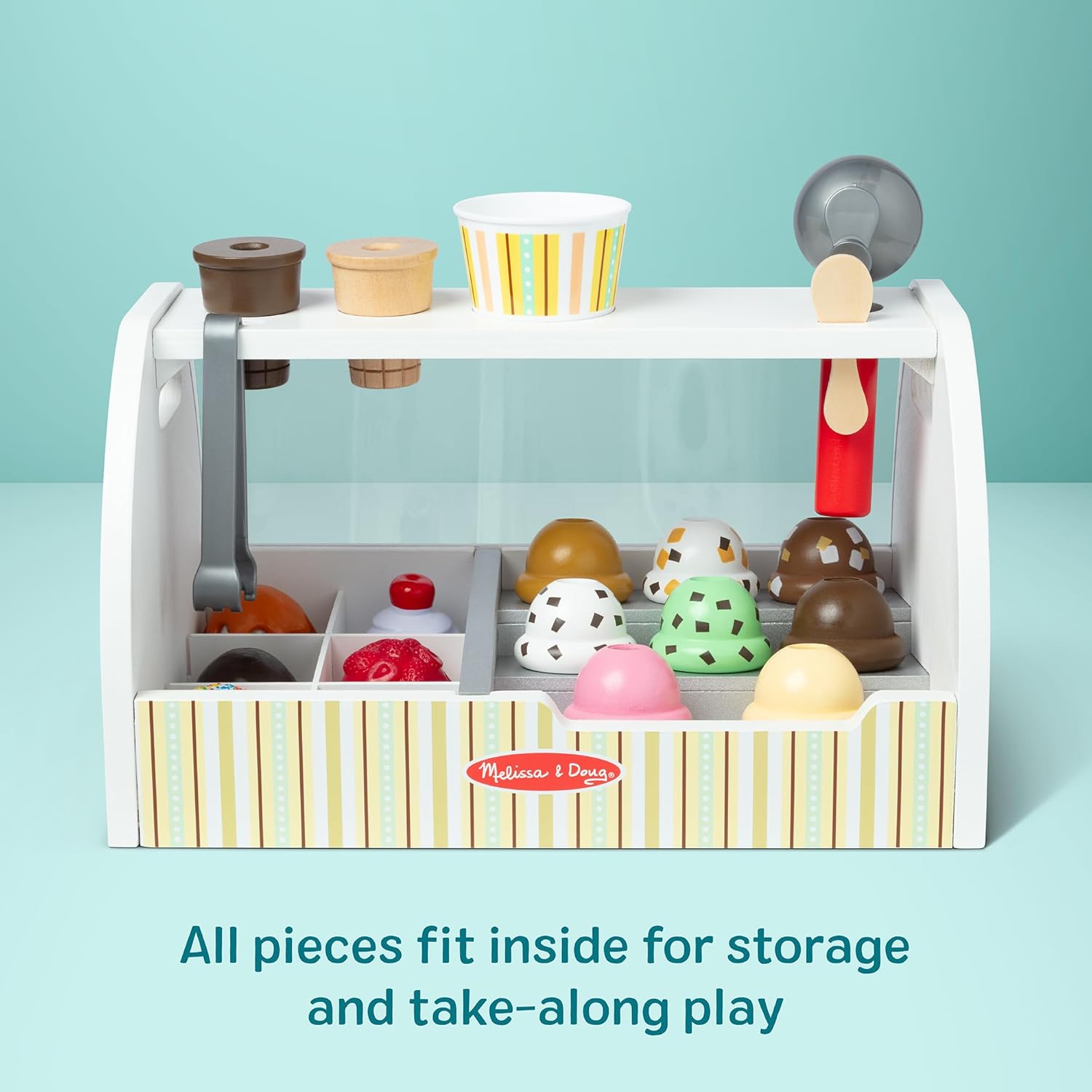 Melissa & Doug Wooden Scoop & Serve Ice Cream Counter, Pretend Play Store, 28 Toy Food & Play Kitchen Accessories, Preschool Toys for Girls & Boys 3+ - Image 3