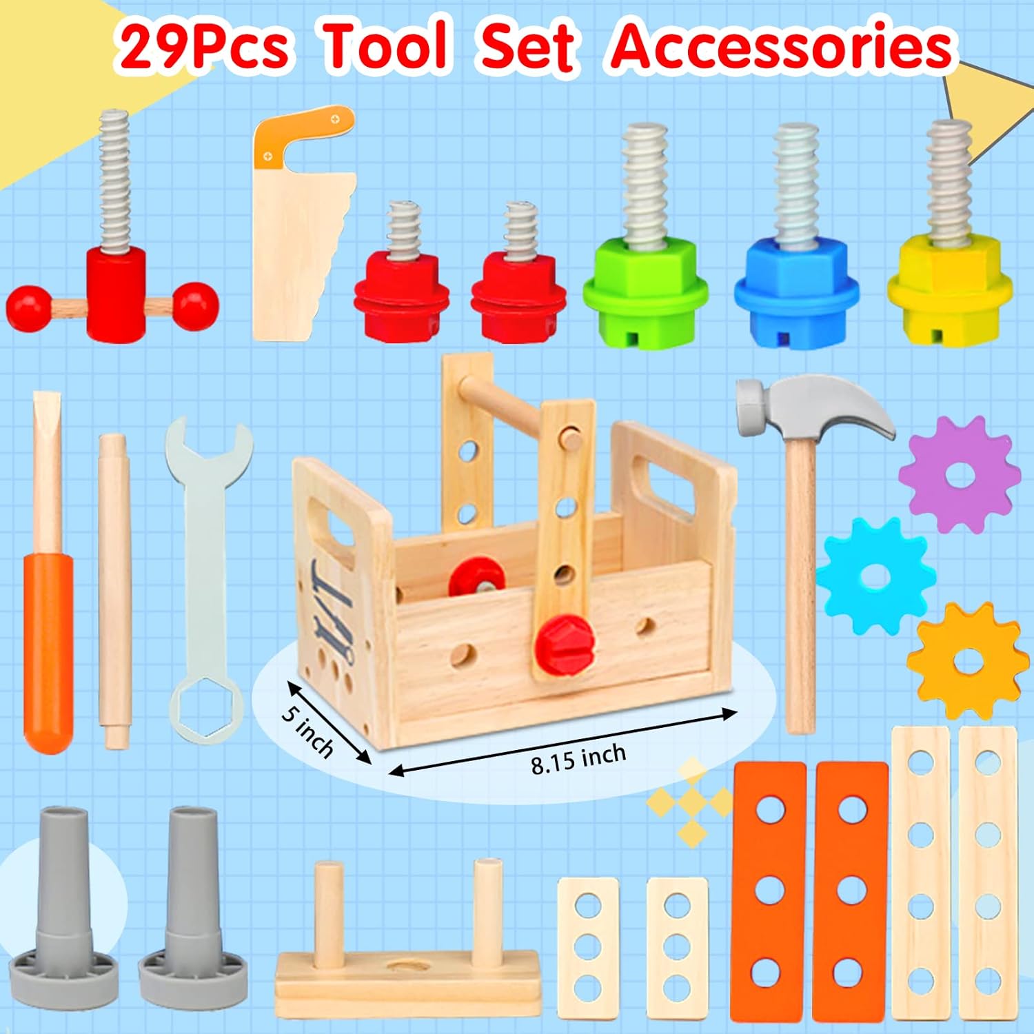 Mgtfbg Kids Tool Set - 29 PCS Wooden Toddler Tool with Box, Montessori STEM Educational Pretend Play Construction Toy for 2 3 4 5 6 Year Old Boys Girls, Best Birthday Gift - Image 6