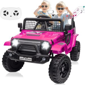 24V Ride On Jeep, Kids 2 Seater Ride On Car Truck w/4WD Motor, Remote Control, 3 Speed, Bluetooth Music, Spring Suspension, LED Light, Kids Electric Car Power Wheels Gift for Boys, Girls – Pink