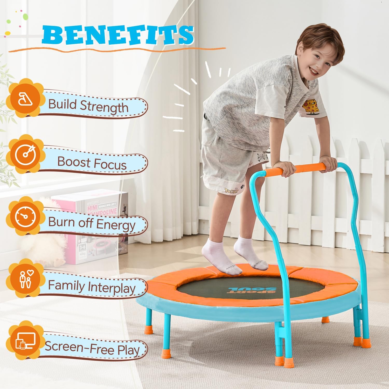 SPORTSOUL Mini Trampoline for Kids 3-6 with Super Safe Foam Handle Bar, 3ft Toddler Trampoline Indoor with No-Gap Cover for Indoor and Outdoor - Image 6