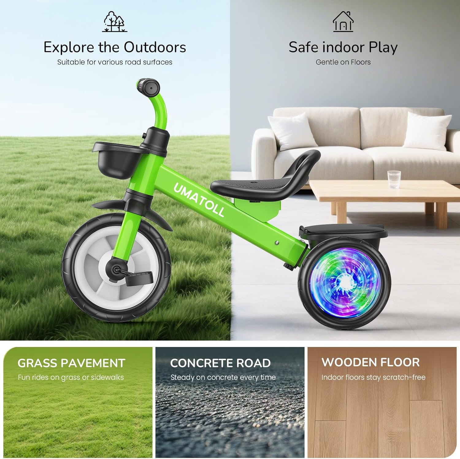 Umatoll Tricycle for Toddlers 2-5 Year Old, Ajustable Toddler Bike Outdoor Toys, Birthday Gift for Boy Girl Age 2-4, Trike with Light up Wheels (Green) - Image 9