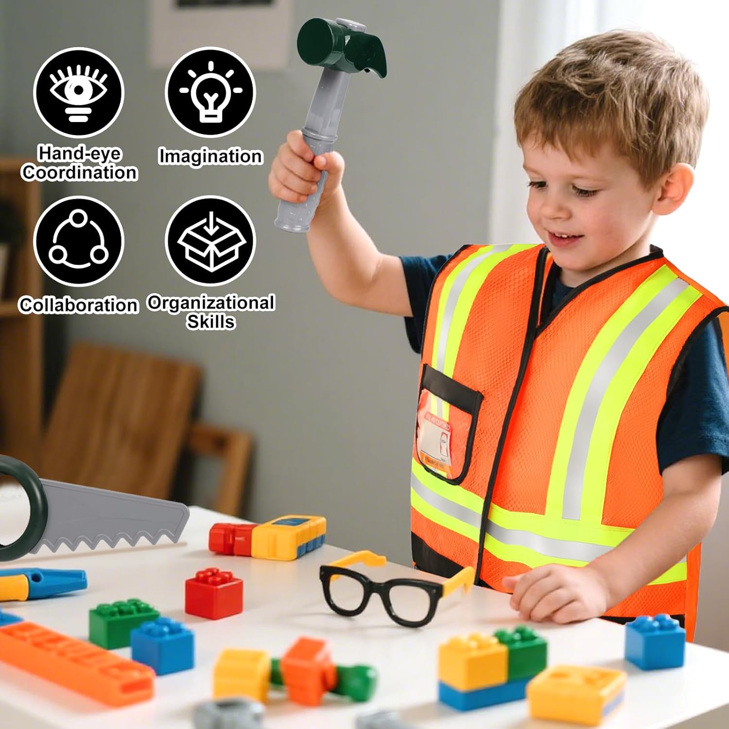 Liberry Kids Tool Set for Boys Girls 3-5 Years, Construction Worker Costume with Hat, Toddler Dress Up Toys for Birthday Gift - Image 4