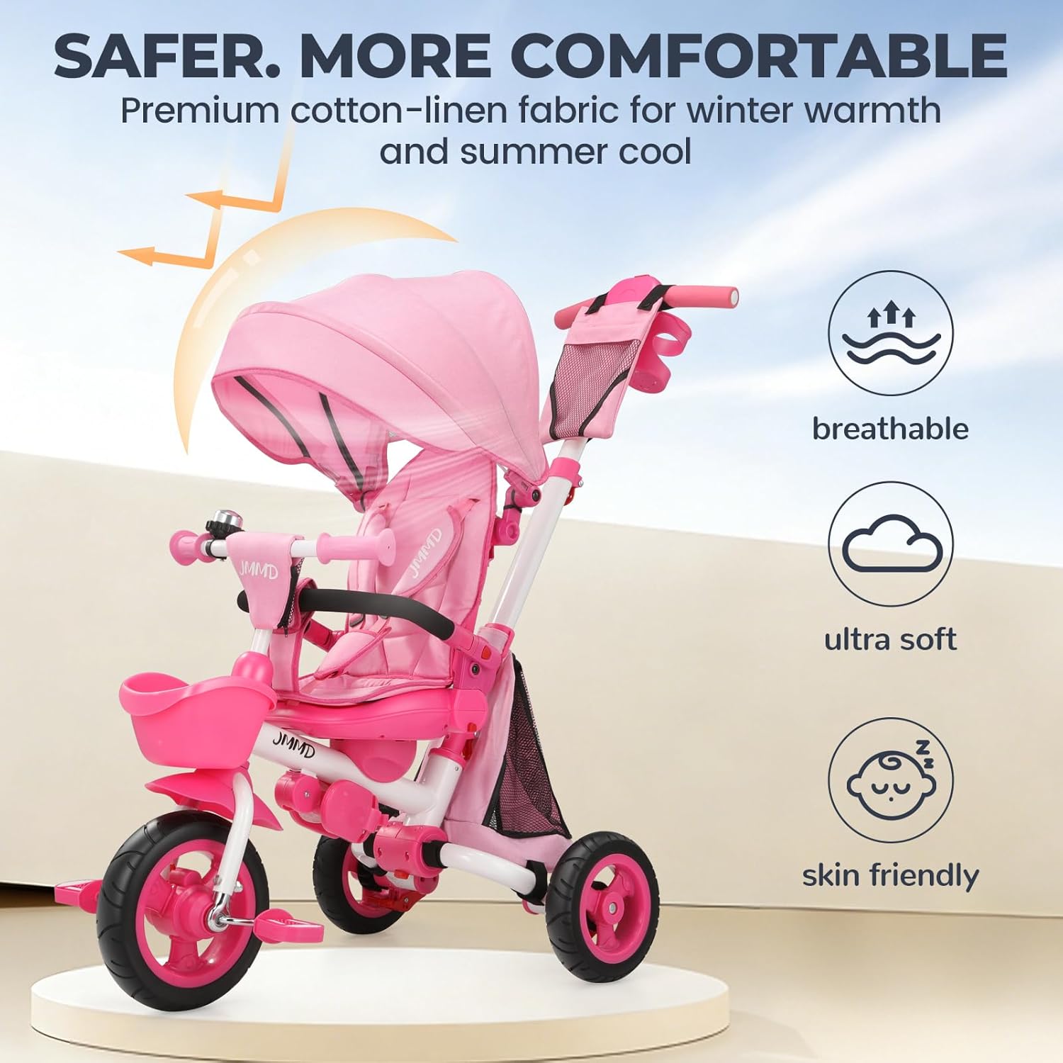 JMMD 8 in 1 Tricycle Stroller with Push Handle, Foldable Trike with 360° Swivel Seat, Reclining Backrest, All-Terrain Wheels, Dual Brakes, Canopy & Storage, Gift for Kids 18 Months to 5 Years, Pink - Image 5