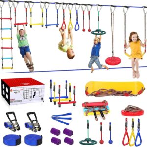 Ninja Warrior Obstacle Course for Kids Backyard-65ft Slackline Kit with 13 Obstacles, Upgraded Quick-Install Buckles No Threading, Install Anywhere, 900lbs Capacity, Easy Setup Backyard Playground Set