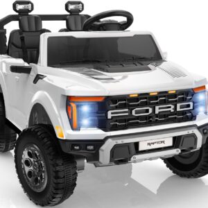 First Ride On 24V Kids Ride On Truck, Licensed Ford F-150 Raptor 2 Seater Electric Car w/Remote Control, Toddler Ride On Car Toys w/LED Lights, Bluetooth, Music, Truck Bed Storage, Soft Start (White)