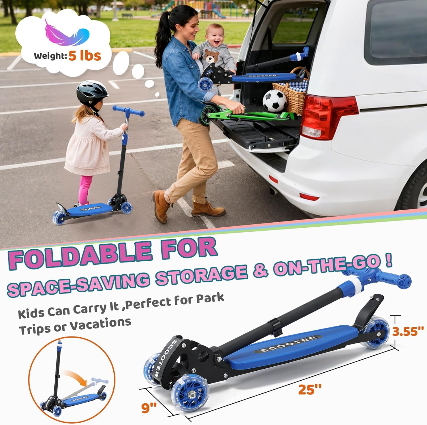 Kick Scooter for Kids Ages 6-12, LED Lighted Wheels and 3 Adjustable Height Handlebars, Kids Kick Scooter, Extra Wide Deck for Girls and Boys Blue - Image 7