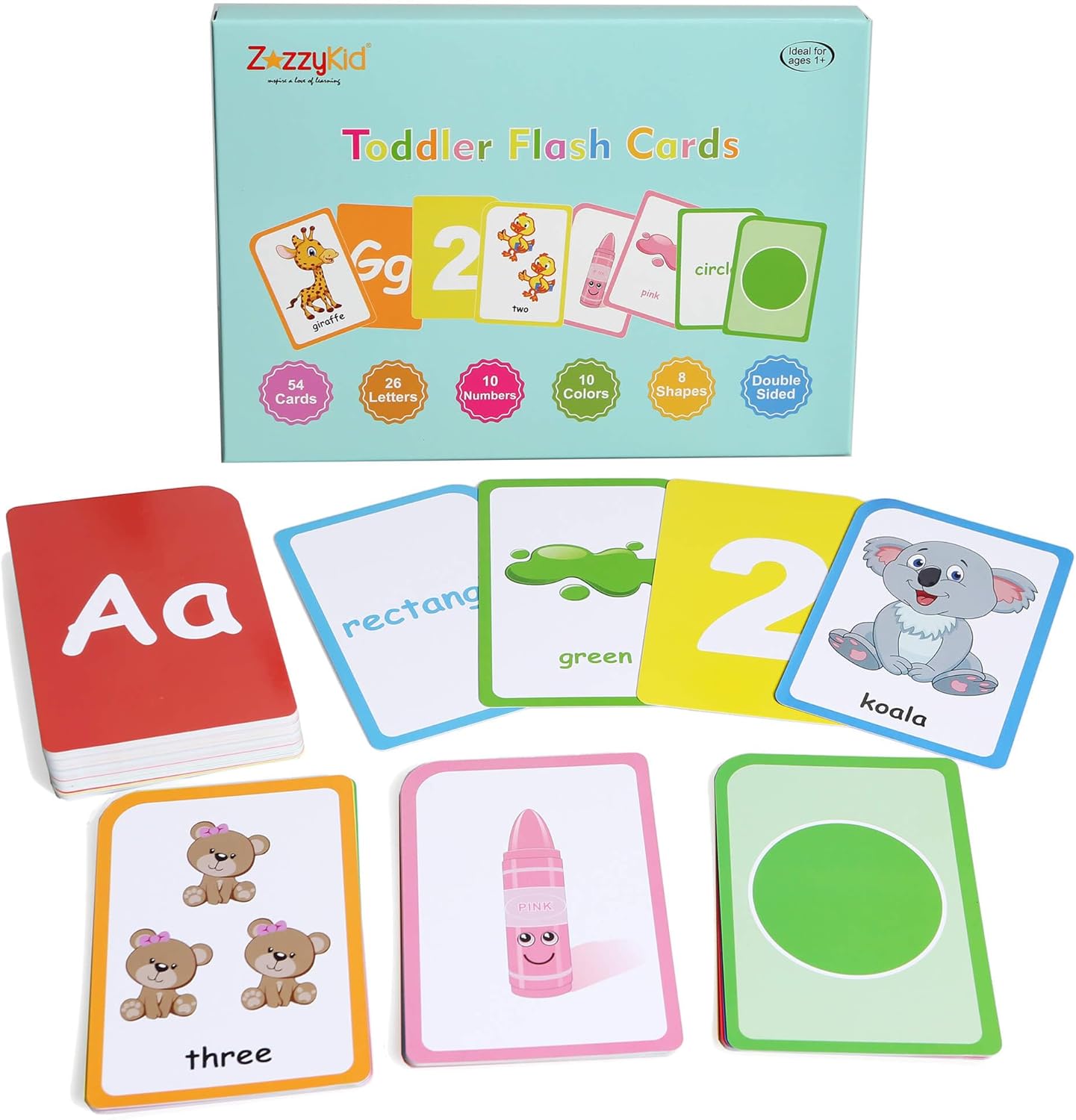ZazzyKid Flash Cards for Toddlers Learning: 54 Double Sides Flashcards for Alphabets, Numbers, Colors, Shapes - Educational Toys for Preschool - Image 2