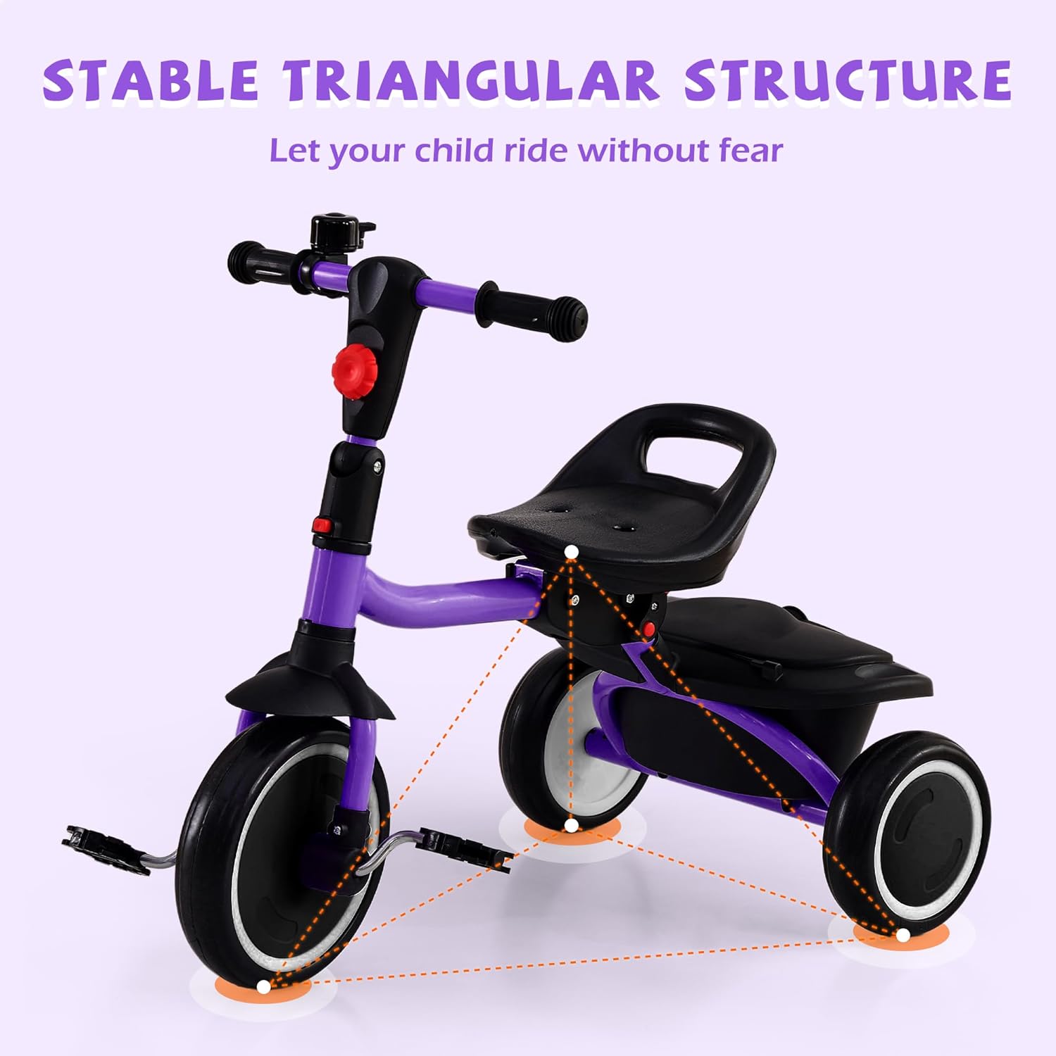 Toddler Tricycle, Kids Tricycle with Bell, Foldable Kids Trike for Age 18 Months to 5 Years, Baby Trike with Adjustable Seat, Gift for Boys and Girls, Purple - Image 8