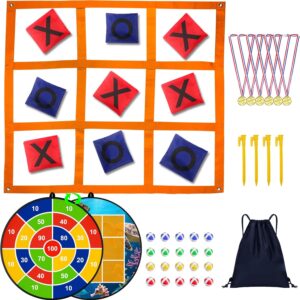 2-in-1 Outdoor Giant Tic Tac Toe Bean Bag Toss Games, Tic Tac Toe Ball Toss Game and Dart Board Games with Sticky Balls for Kids Adults Large Lawn Carnival Yard Birthday Family Outside Party Games