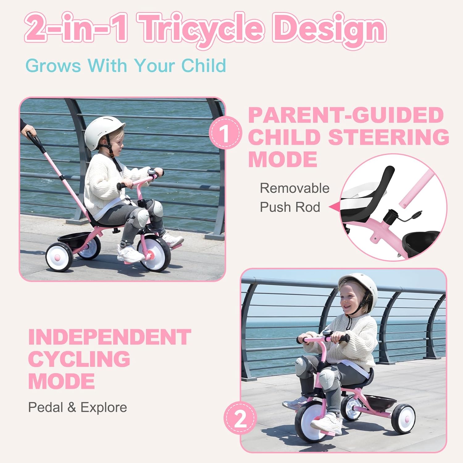 Liberry 2 in 1 Toddler Tricycle Age 2 3 4 Years Old, Kids Trike with Adjustable Push Handle, Bell & Basket, 3 Wheel Bike Riding Toy Birthday Gift for Girls Boys, Light Pink - Image 2