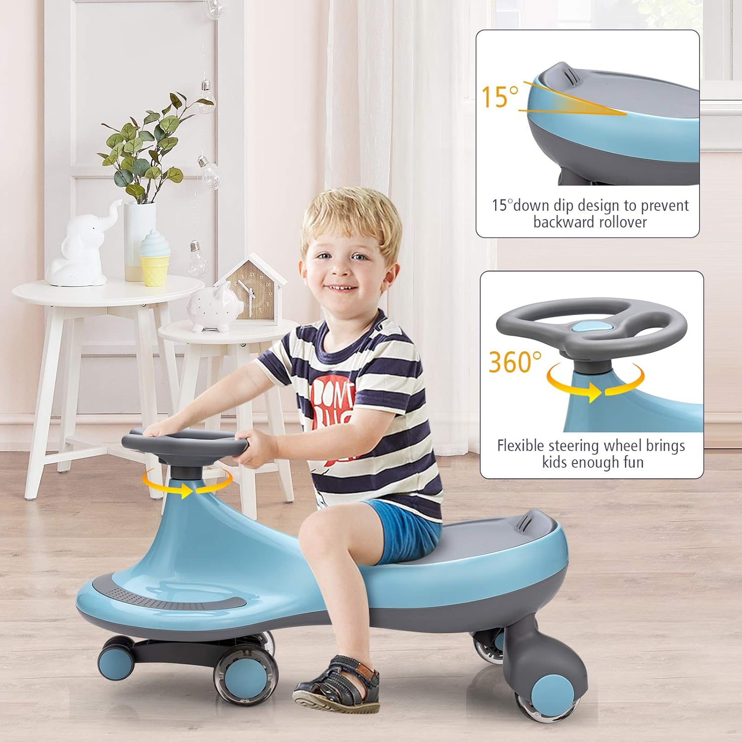 BABY JOY Wiggle Car for Kids, Swing Car with LED Flashing Wheels, No Batteries, Gears or Pedals, Uses Twist, Turn, Wiggle Movement to Steer, Ride-on Toy for Boys Girls 3 Year Old and Up (Blue) - Image 5