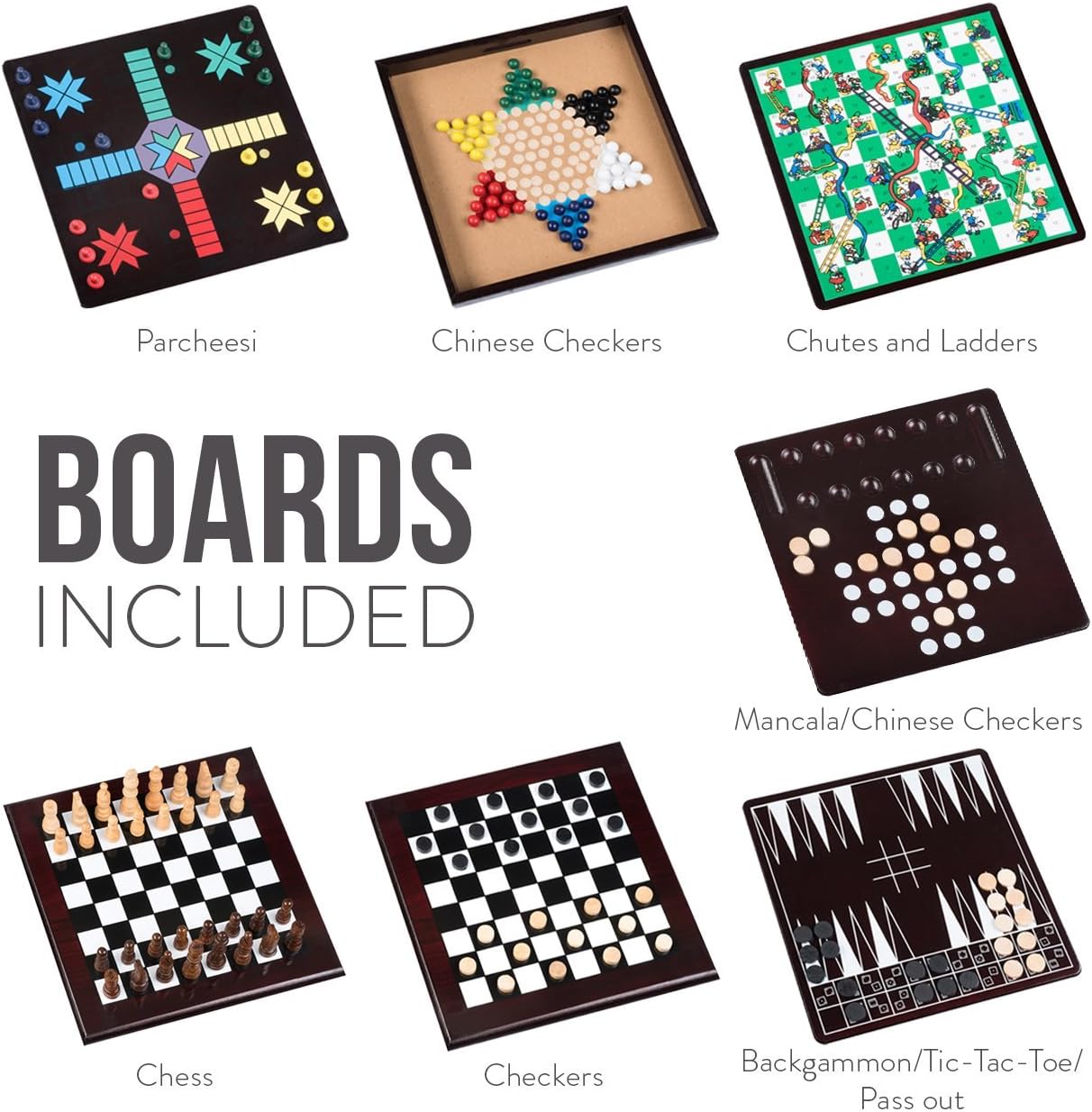 Board Game Set - Deluxe 15 in 1 Tabletop Wood-accented Game Center with Storage Drawer (Checkers, Chess, Chinese Checkers, Parcheesi, TicTacToe, SOlitaire, Snakes and Ladders, Mancala, Backgammon, Poker Dice, Playing Cards, Go Fish, Old Maid, and Dominos) - Image 4