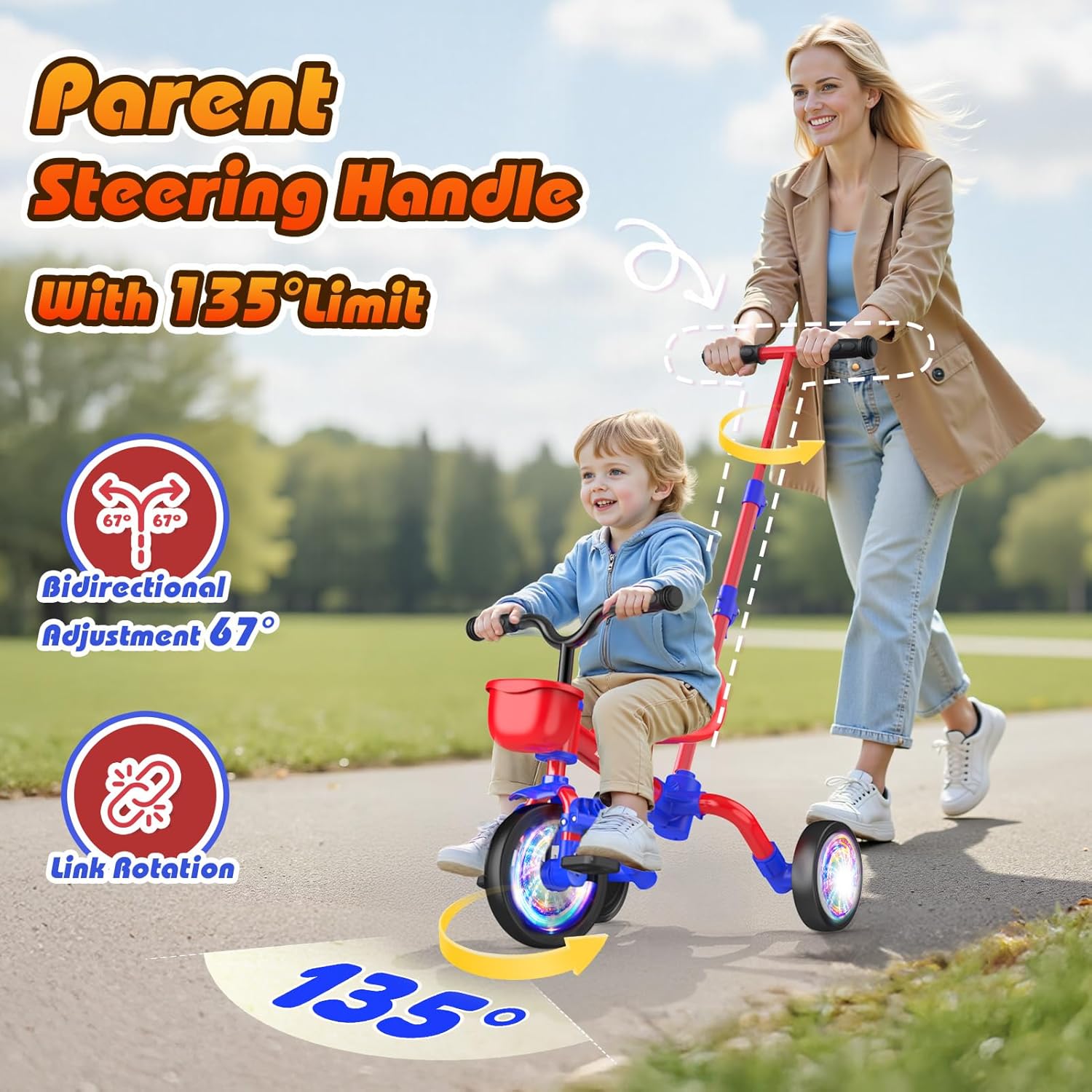 Kkdi 5 in 1 Toddler Bike for 1-5 Year Old, Tricycle with Push Handle, Convertible Baby Balance Bike, Bicycle, Color Light Wheel & Detachable Pedal, 4-Position Seat, Boys Girls Birthday Gift, Toy - Image 3