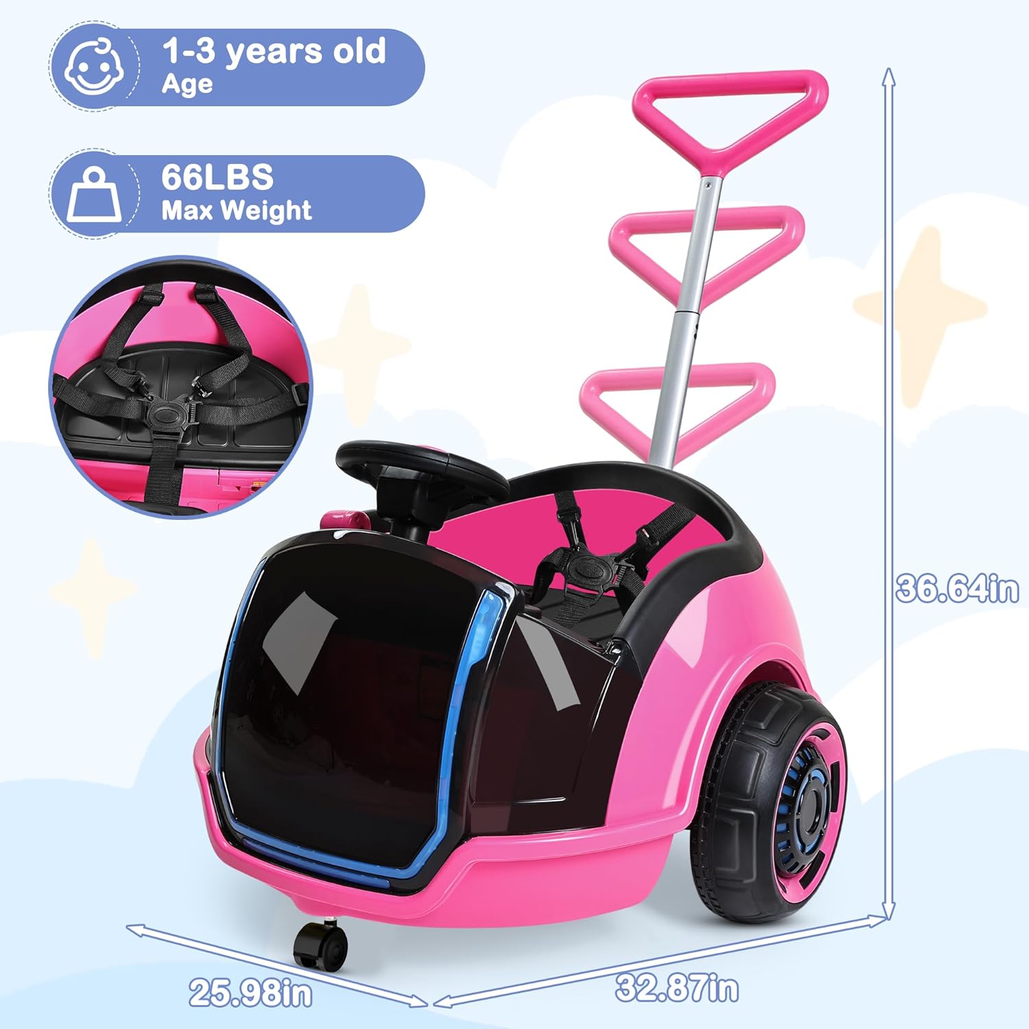 ANPABO 3-in-1 Electric Push Ride On Car, 12V Kids Ride On Toy w/Remote Control, 360° Spin, 5-Point Safety Belt, Colorful LED Light, Music Player, Push Car for Toddler Ages 1-3 (Pink) - Image 6