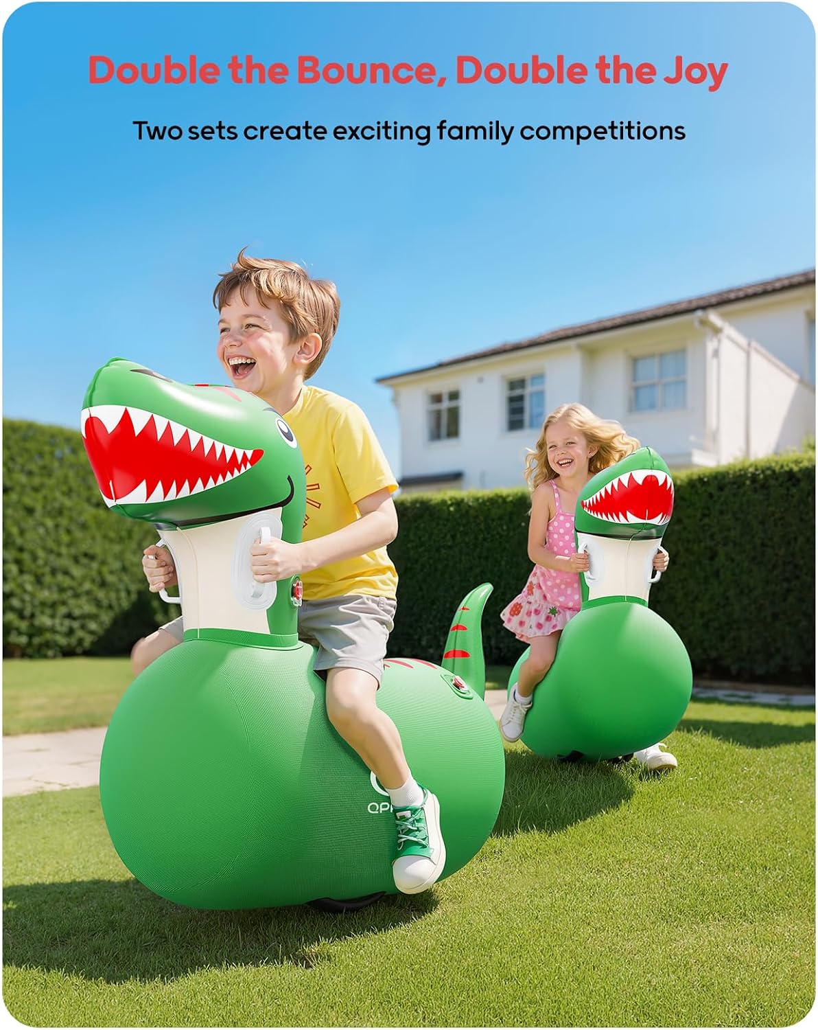 QPAU Inflatable Bouncy Dinosaur Toys 2 PCS with Hand Pump, Heavy Duty Giant Bouncy Pal, 220lbs Load Capacity, Ride On Bouncy Animal Hopper Toy, Indoor Outdoor Bouncers for Kids Girls Boys Ages 5+ - Image 2