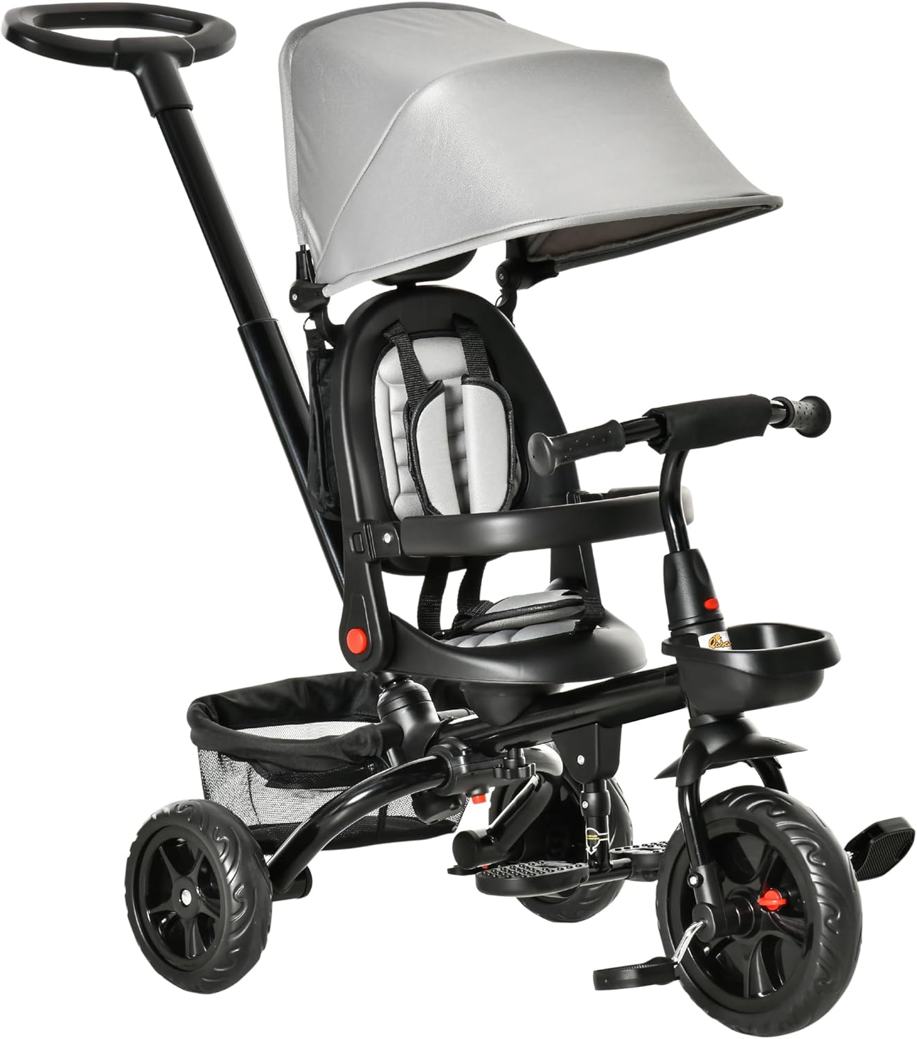 Qaba Kids Tricycle, 4 in 1 Foldable Trike with Reversible Seat, Adjustable Parent Handle, Safety Harness, Wheel Brakes, Removable Canopy, Storage, Tricycle for Toddlers 1-5 Years, Gray