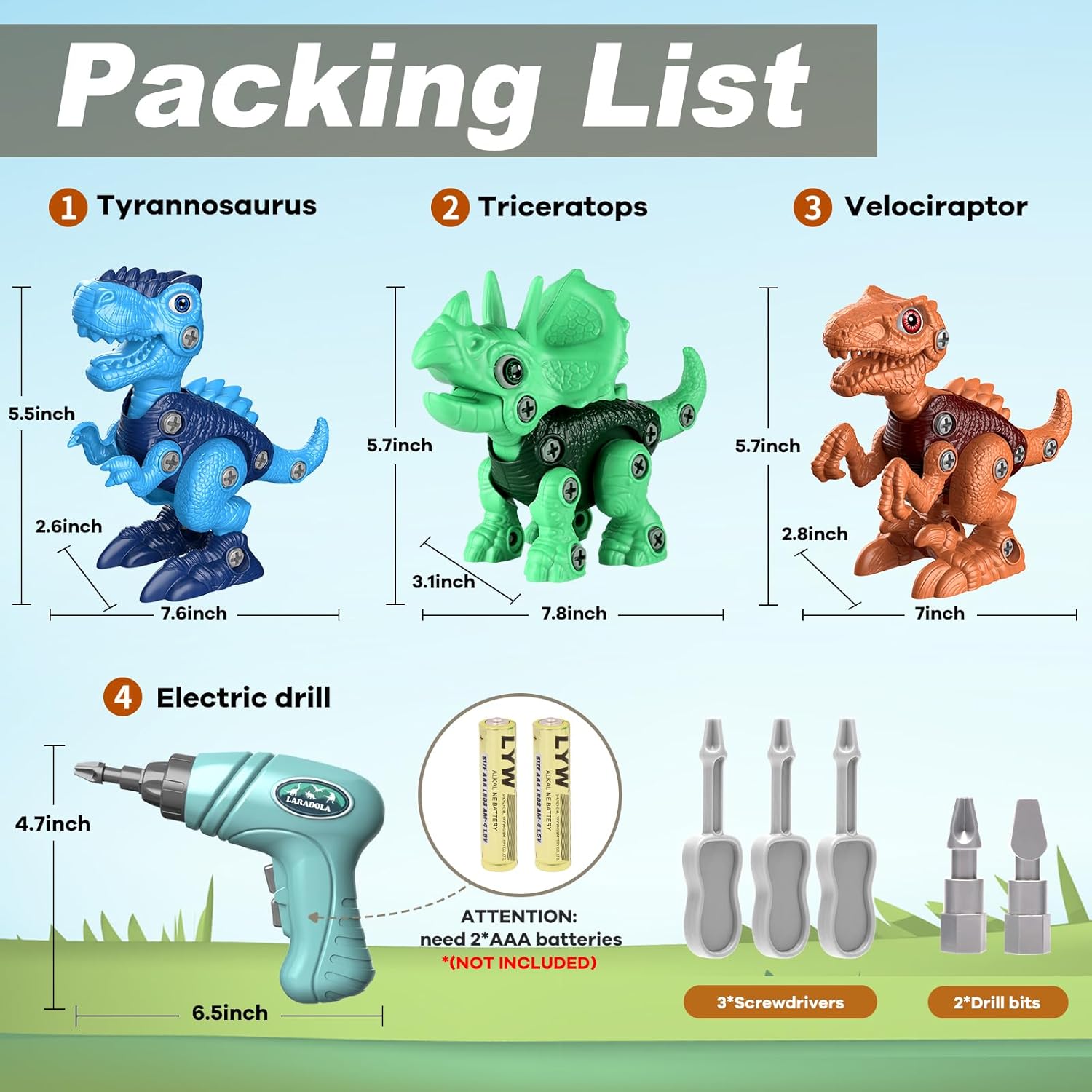 Laradola Take Apart Dinosaur Toys: 3 Pack Dinosaur Construction Building Set with Electric Toy Drill & Screwdrivers - STEM Educational Hands-On Play Birthday Gift for Boys Girls Ages 3-5 5-7 - Image 9