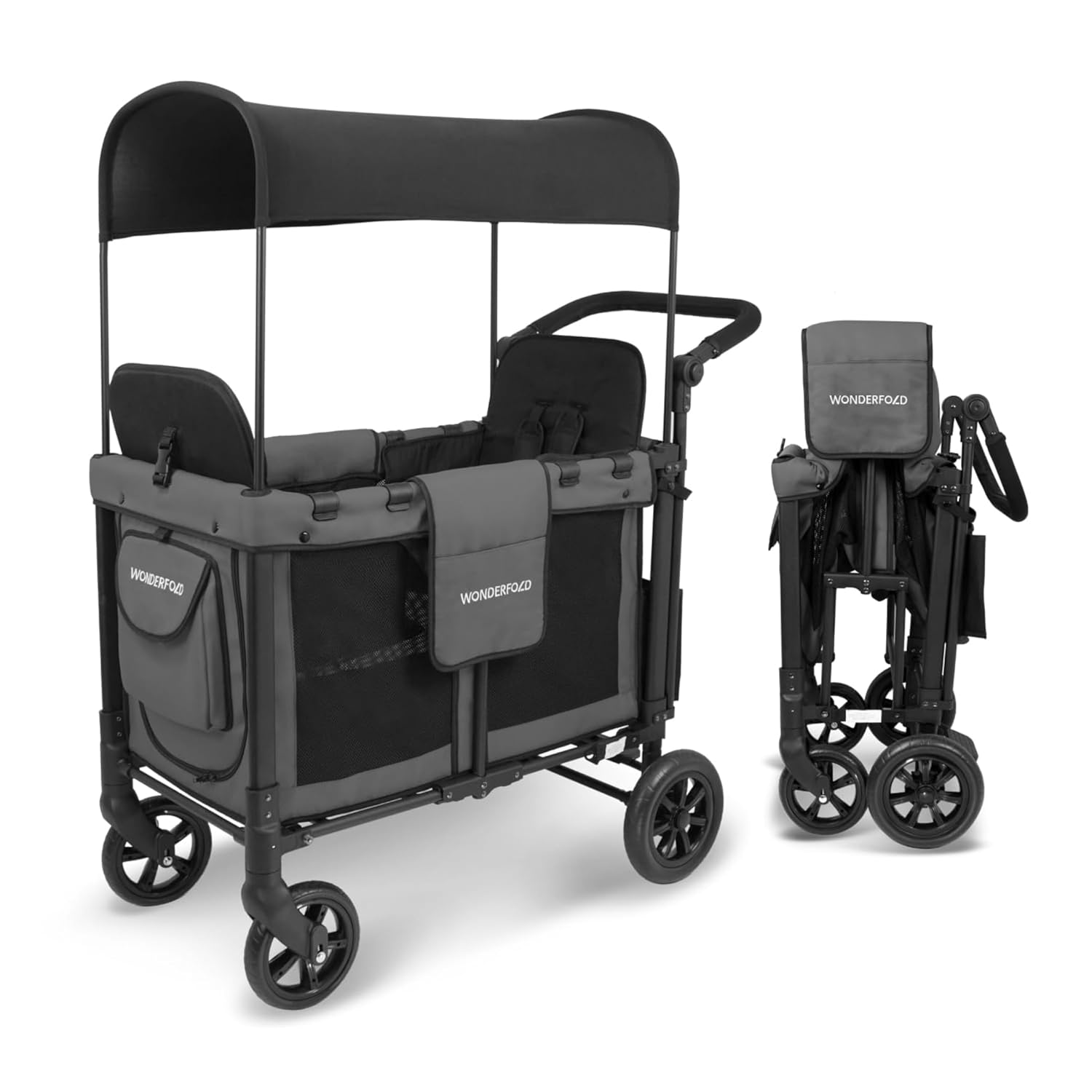 WonderFold W2 Stroller Wagon - Foldable Wagon with Steel Frame - Canopy & Adjustable Push Handle - All-Terrain Wheels - for Babies, Toddlers & Kids - 2 Seater - Gray
