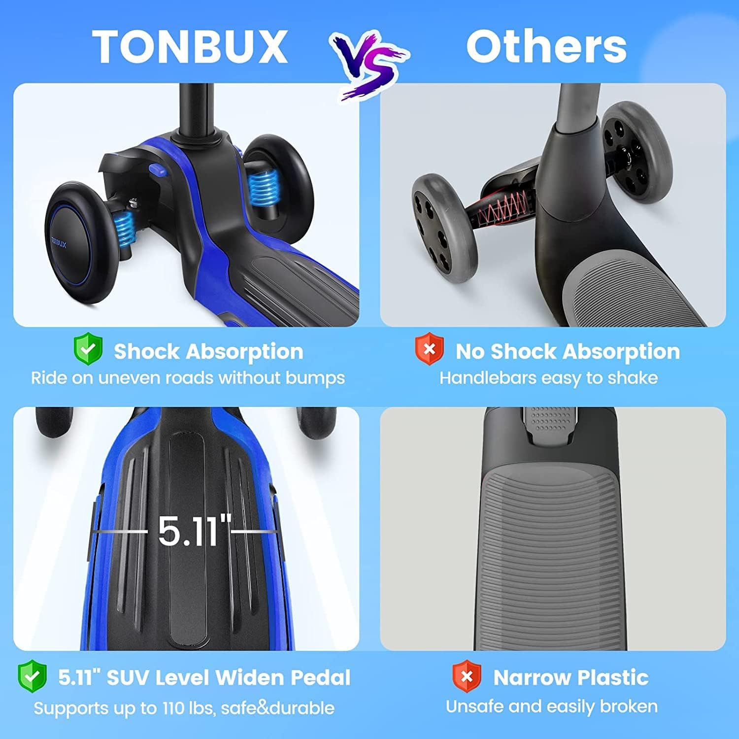TONBUX Kids Scooter for Age 3-12, Toddler Scooter with 4 Adjustable Heights, Light Up 3-Wheels Scooter, Shock Absorption Design, Lean to Steer, Balance Training Scooter for Kids - Image 3