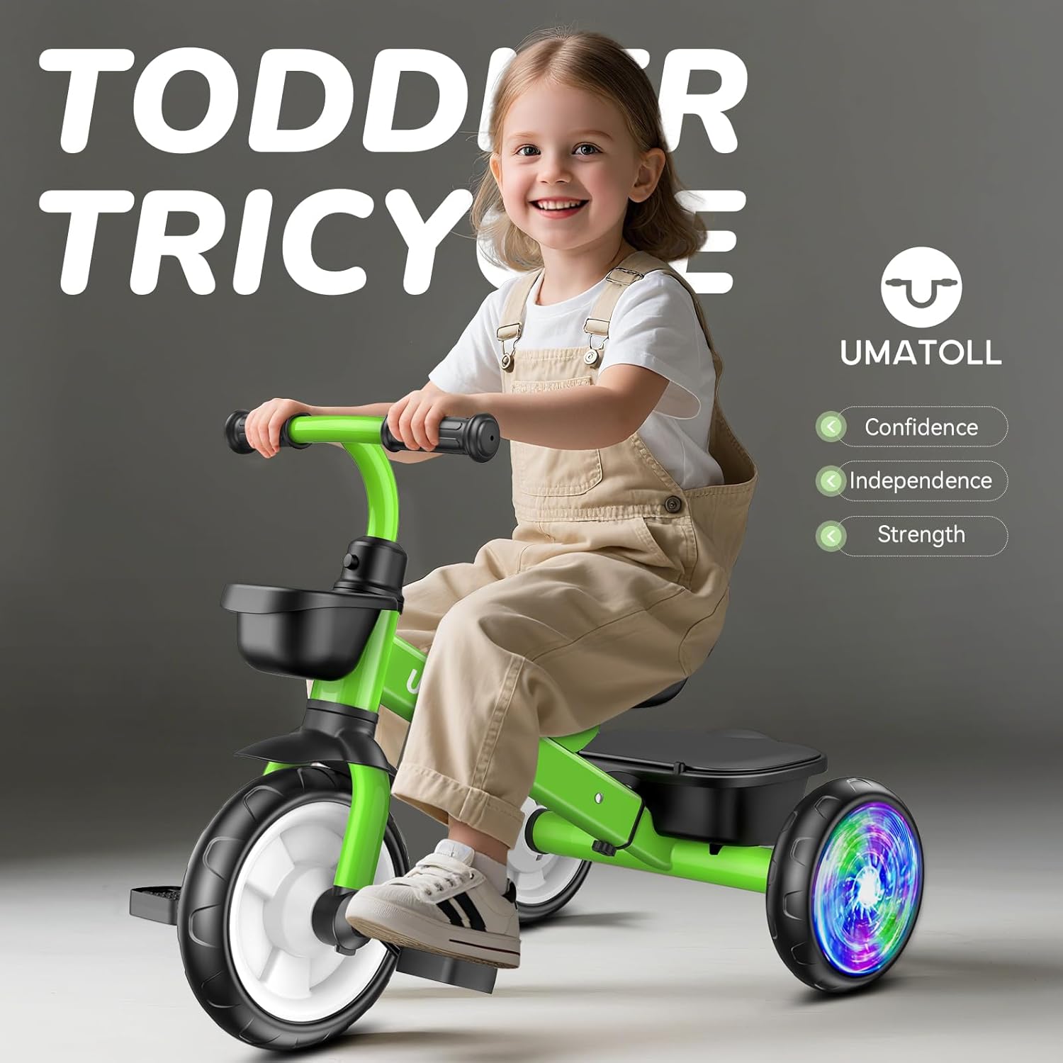 Umatoll Tricycle for Toddlers 2-5 Year Old, Ajustable Toddler Bike Outdoor Toys, Birthday Gift for Boy Girl Age 2-4, Trike with Light up Wheels (Green) - Image 2