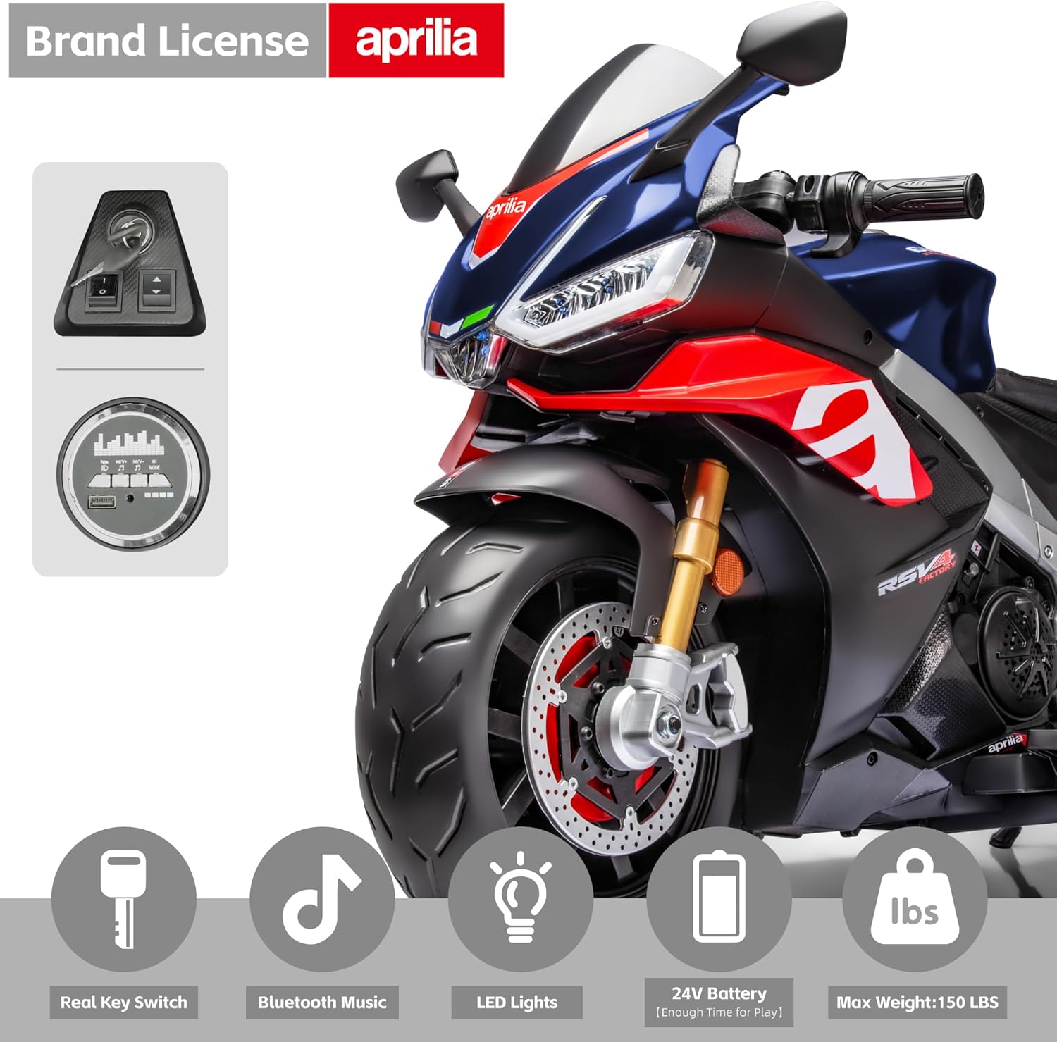 24V Kids Motorcycle, Aprilia Licensed Kids Electric Motorcycle 200W Motor up to 10 MPH with Long Battery Life, Thread Wheels, Training Wheels, Large Seat-Blue - Image 4